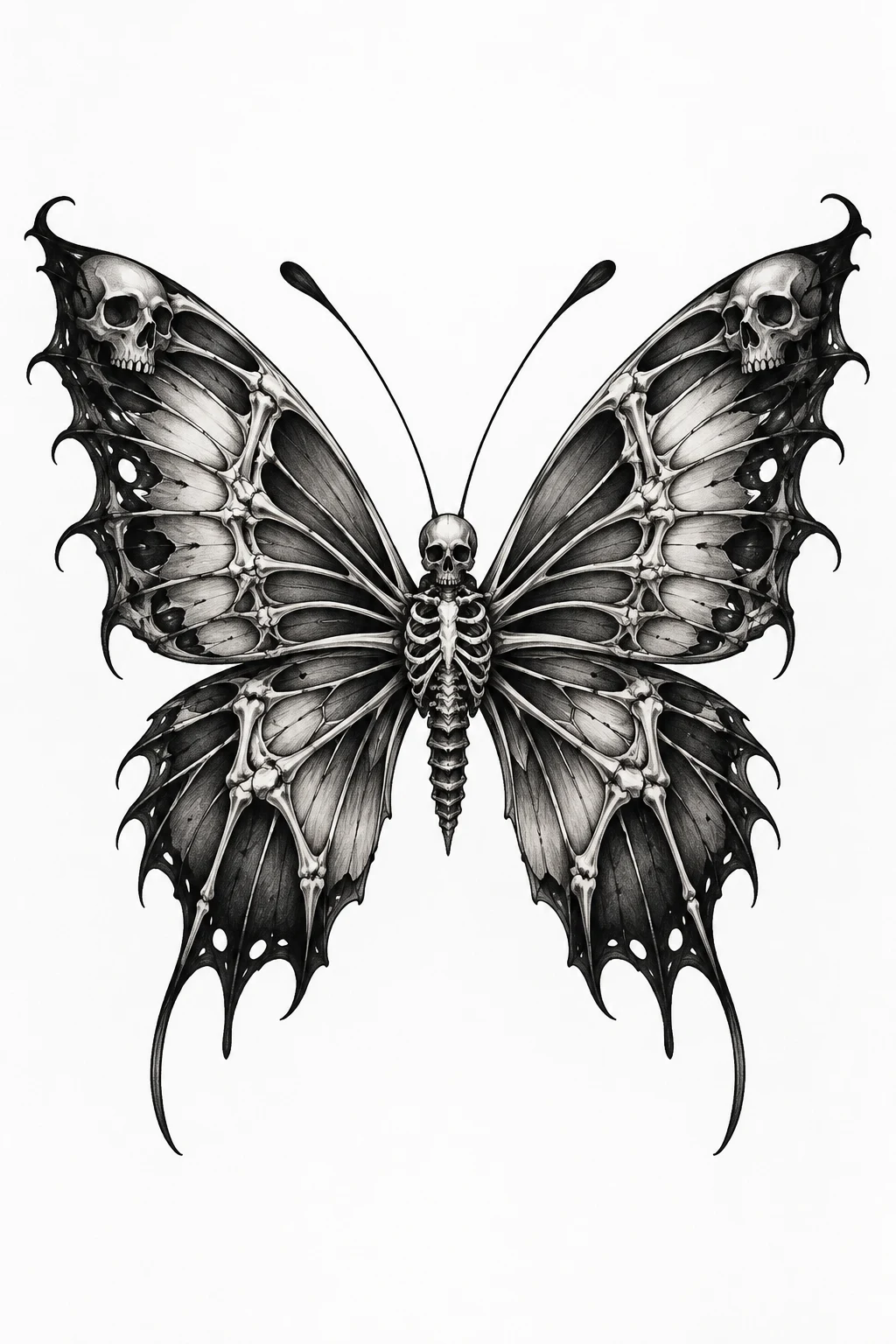 Gothic Black-and-Gray Butterfly — skeleton butterfly tattoo style outfit