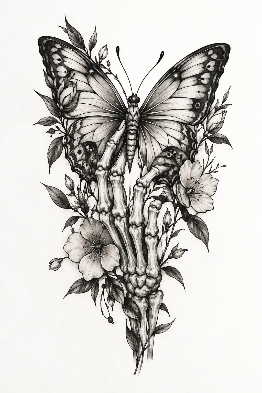Butterfly Skeleton Hand With Floral Details — skeleton butterfly tattoo style outfit