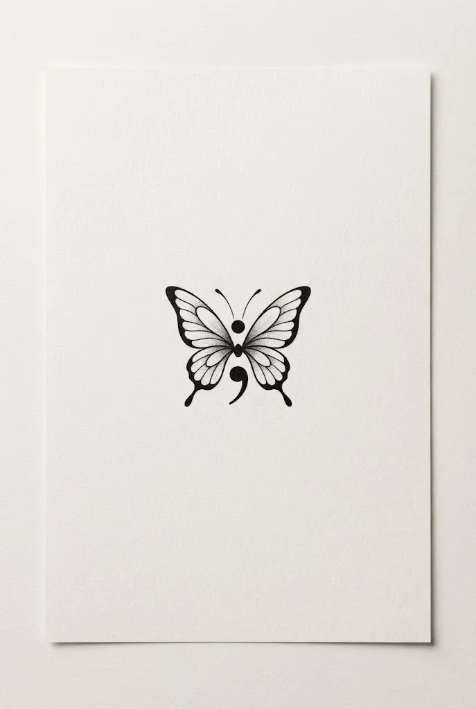 Small Butterfly Semicolon Tattoo Inside a Thin Circle — small butterfly semicolon tattoo style outfit