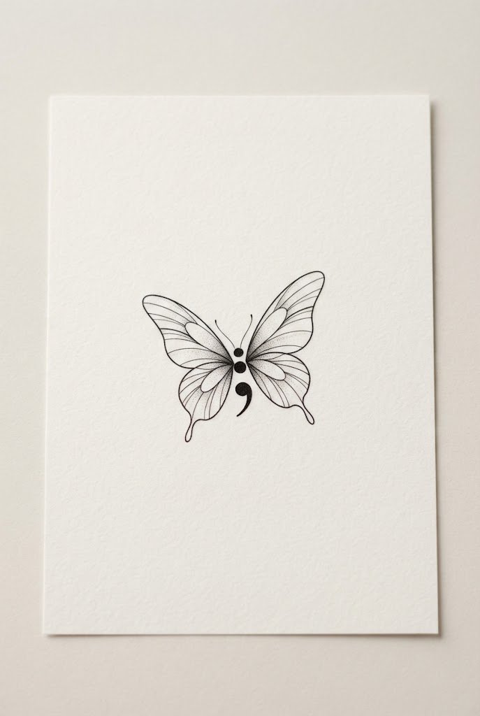 Minimalist Butterfly Silhouette on the Hip Bone — small butterfly semicolon tattoo style outfit
