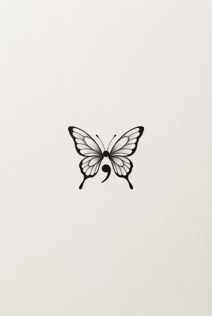 Small Butterfly Semicolon Tattoo on the Sternum — small butterfly semicolon tattoo style outfit