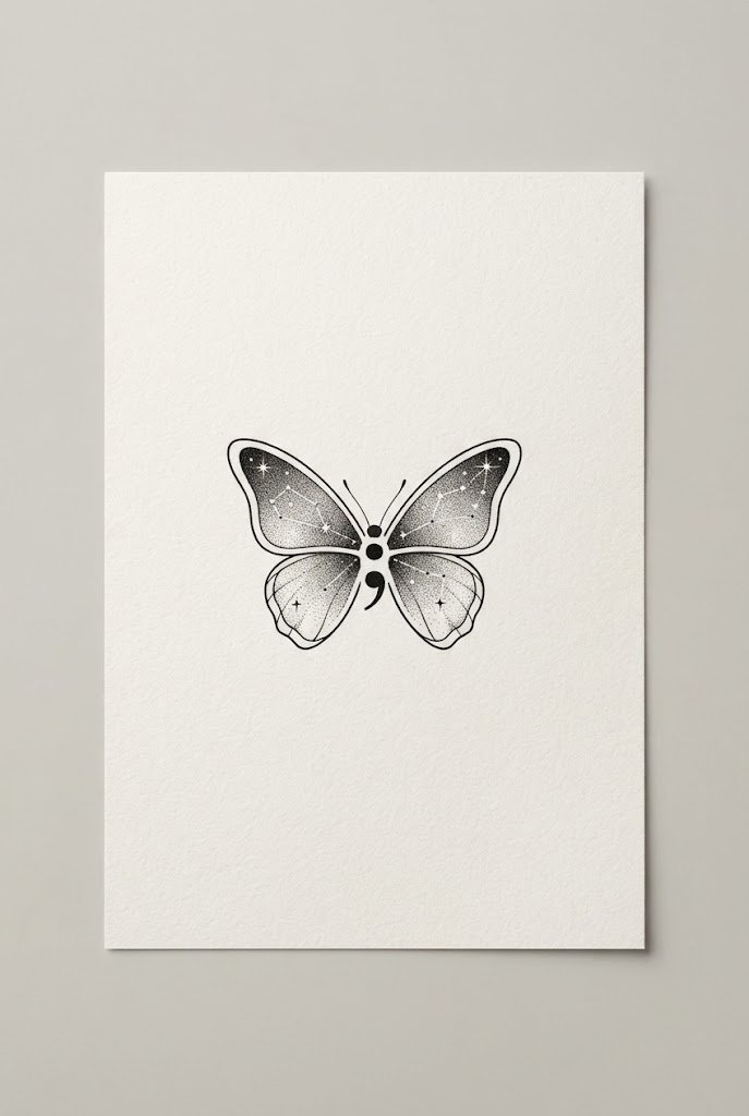 Dot-Work Constellation Wings — small butterfly semicolon tattoo style outfit