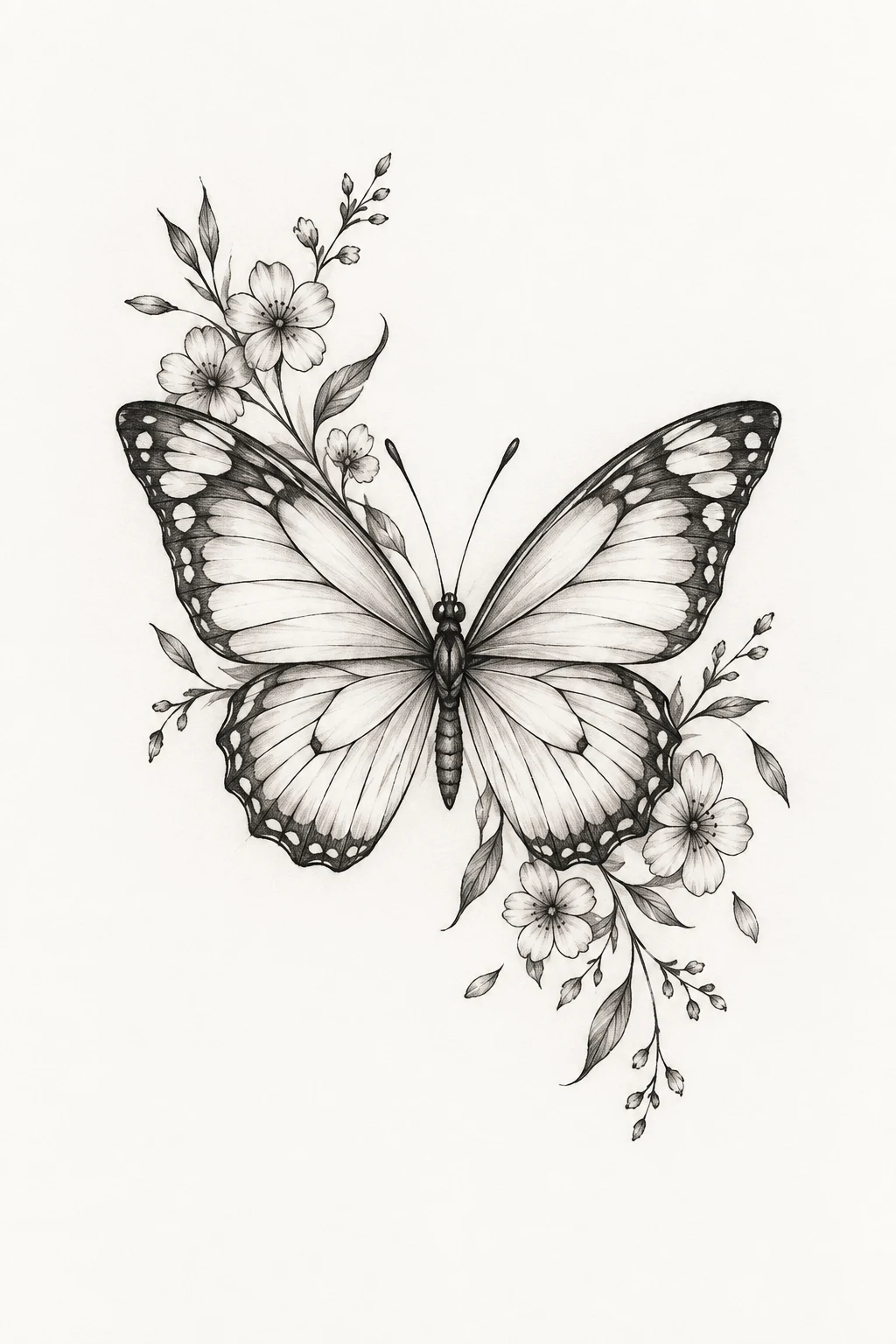 Butterfly With Tiny Flowers — small fine line butterfly tattoo style outfit