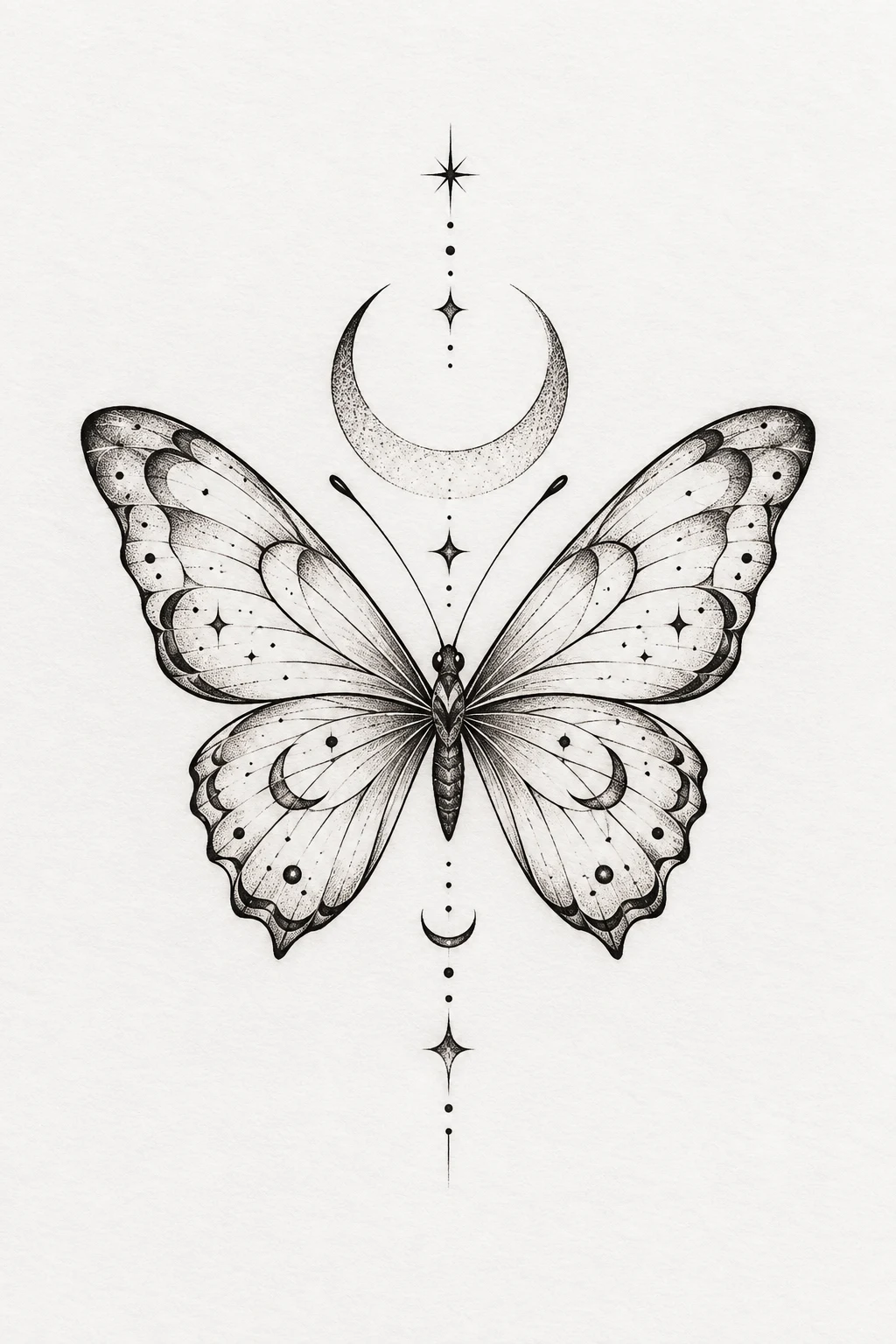 Butterfly With Crescent Moon — small fine line butterfly tattoo style outfit