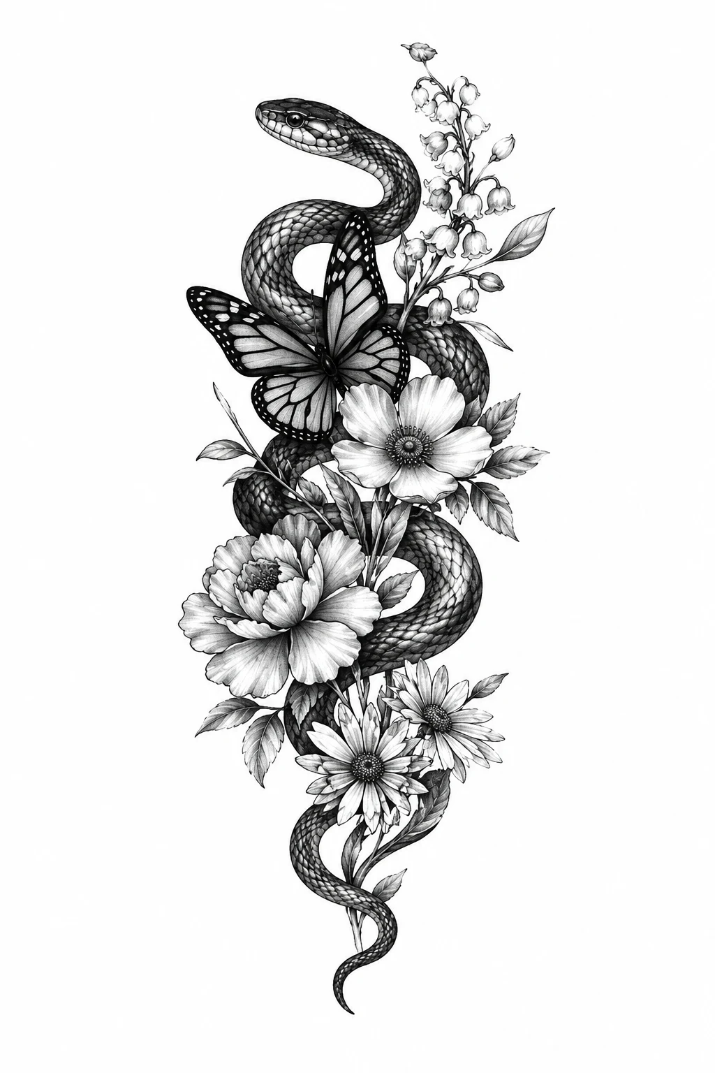 Snake and Butterfly With Birth Flowers — snake and butterfly tattoo style outfit