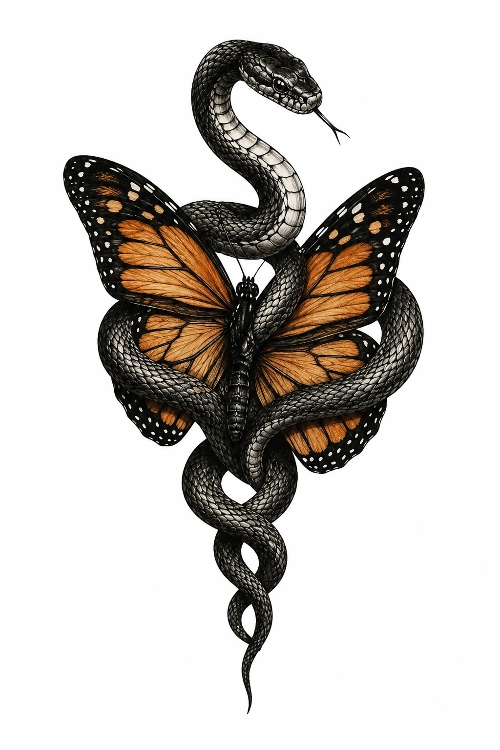 Snake Wrapped Around a Monarch Butterfly — snake and butterfly tattoo style outfit