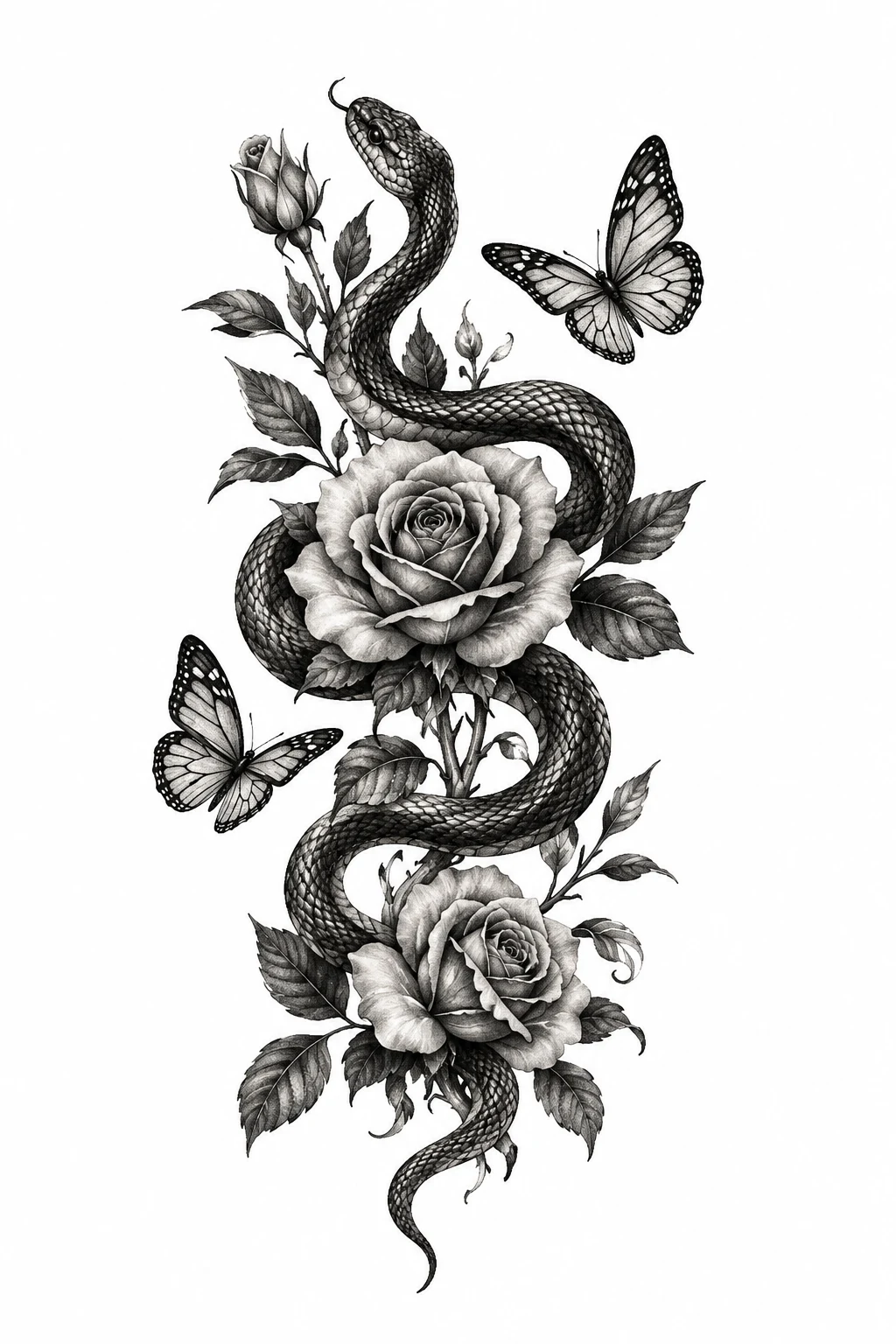 Snake, Rose, and Butterfly Trio — snake and butterfly tattoo style outfit