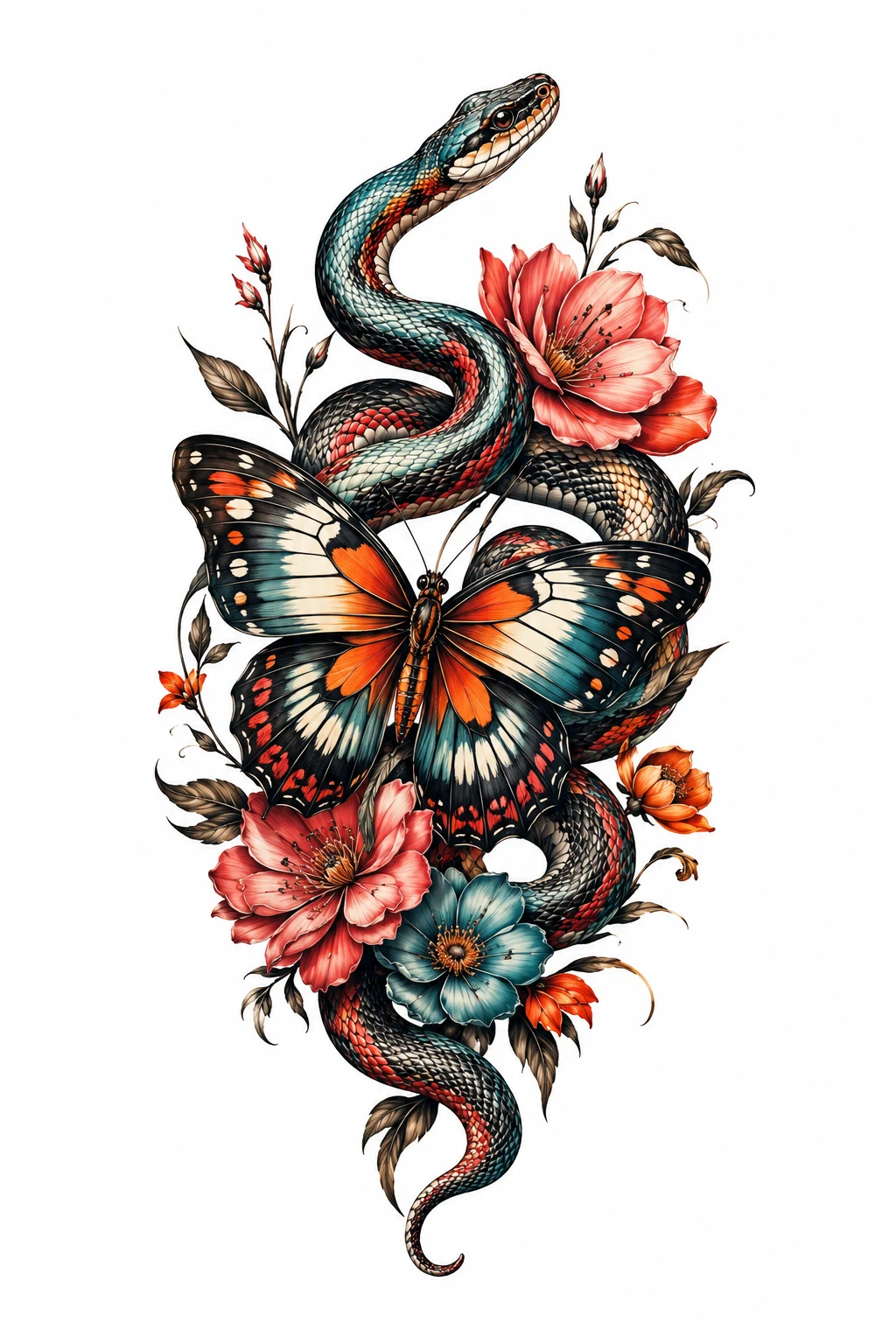 Colorful Snake and Butterfly Tattoo — snake and butterfly tattoo style outfit