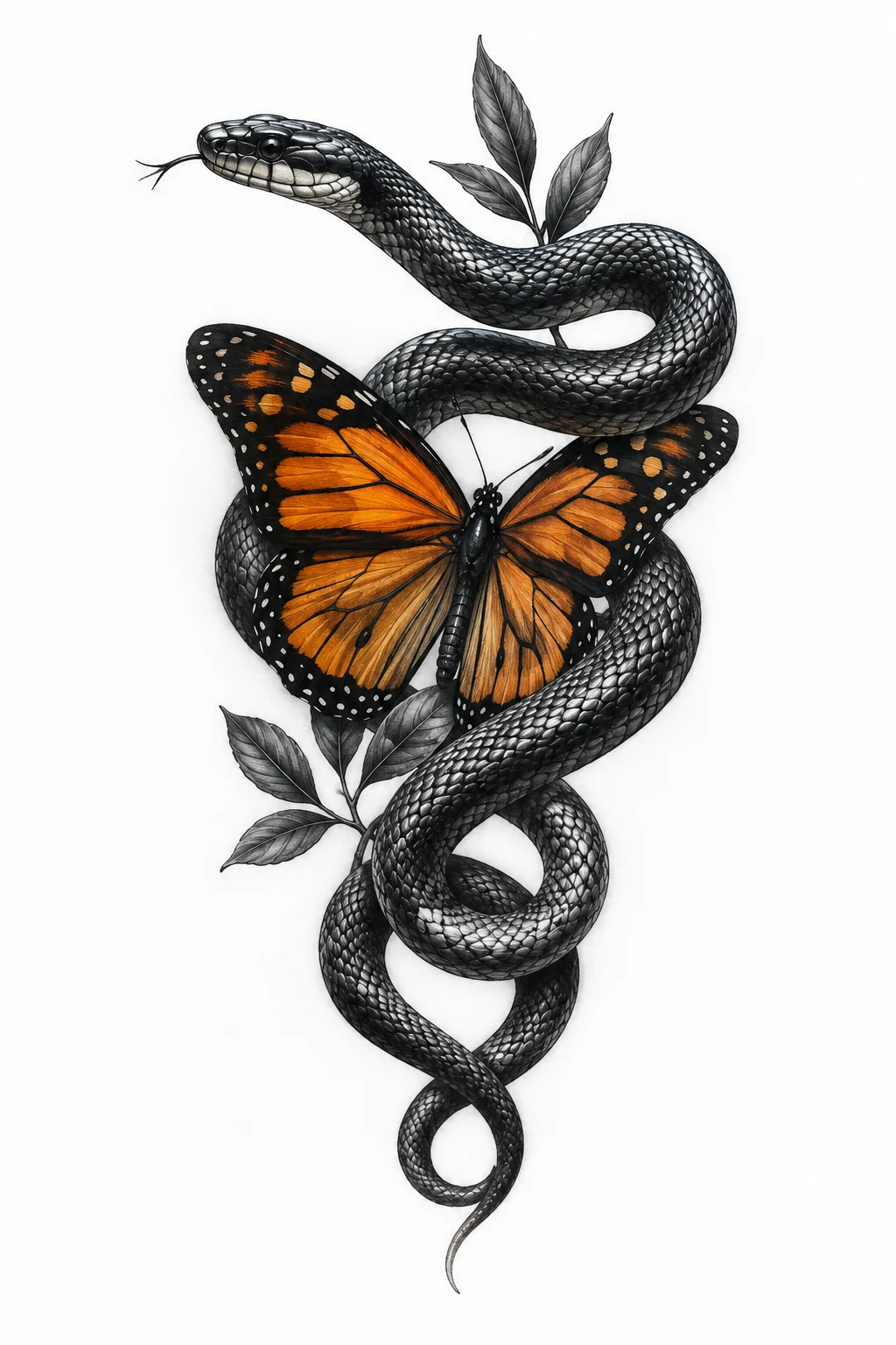 Realistic Snake With a Monarch Butterfly — snake and butterfly tattoo style outfit