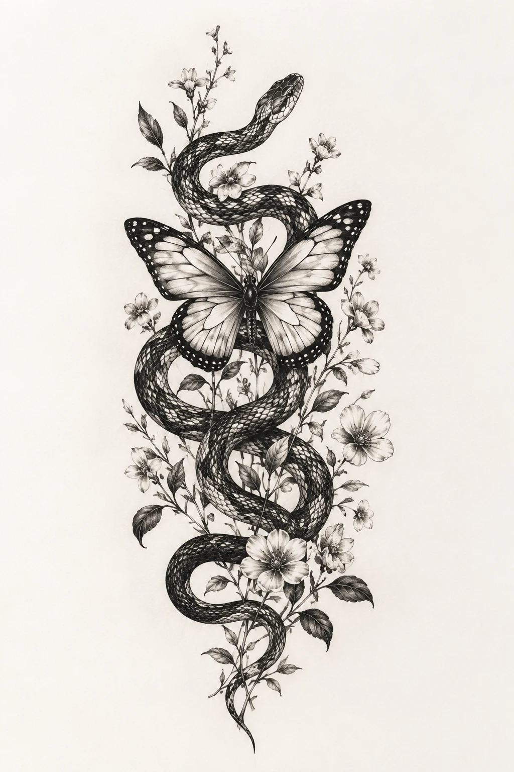 Snake Butterfly Tattoo With Botanical Details — snake butterfly tattoo style outfit