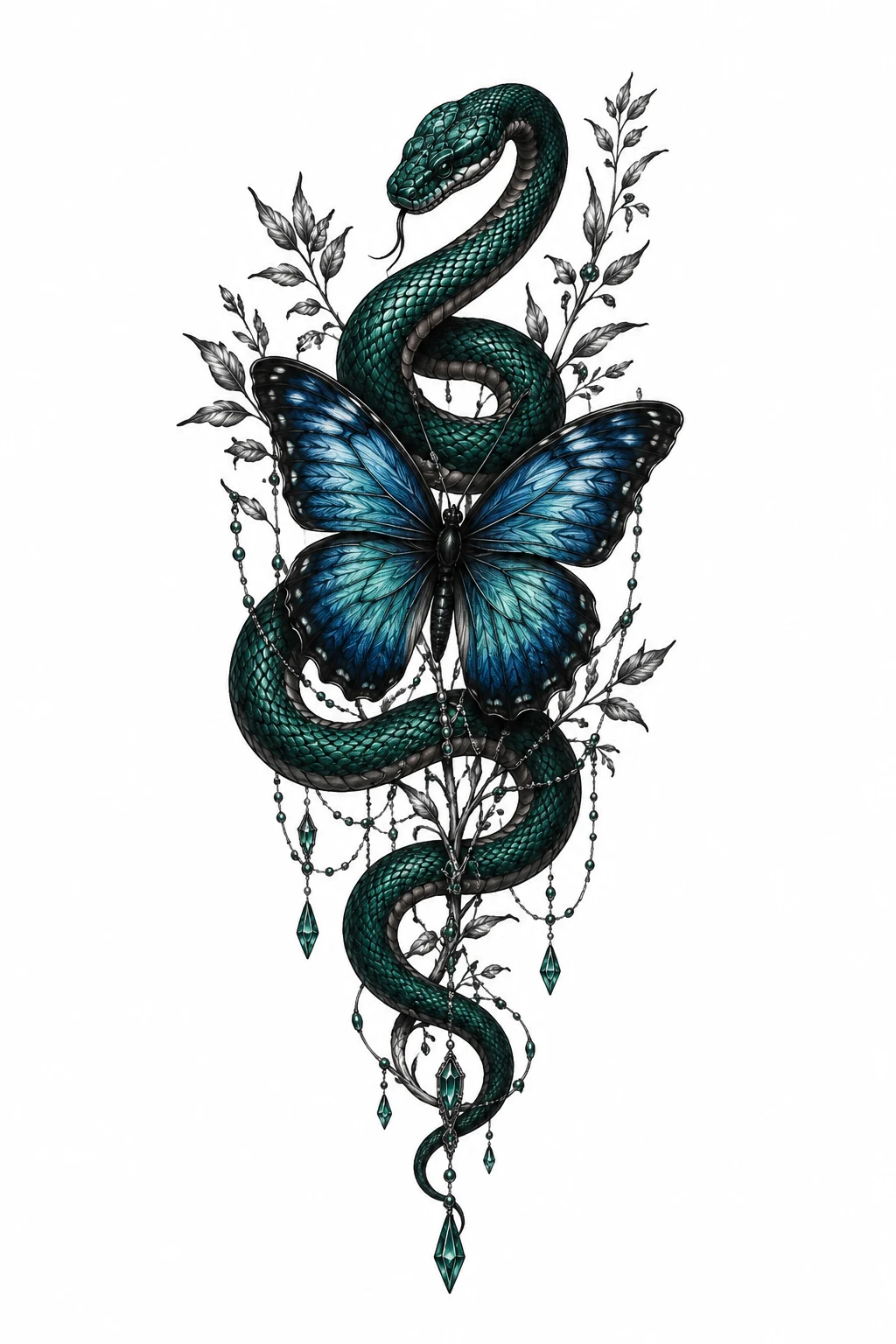 Emerald Serpent and Blue Butterfly — snake butterfly tattoo style outfit