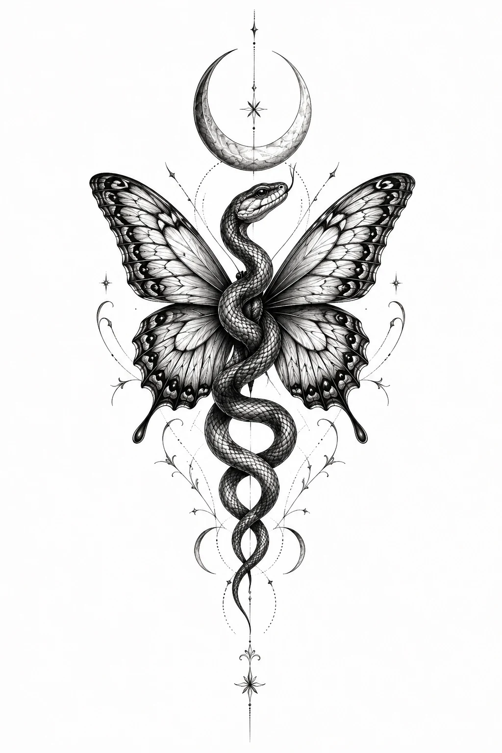 Serpent Butterfly With Crescent Moon — snake butterfly tattoo style outfit