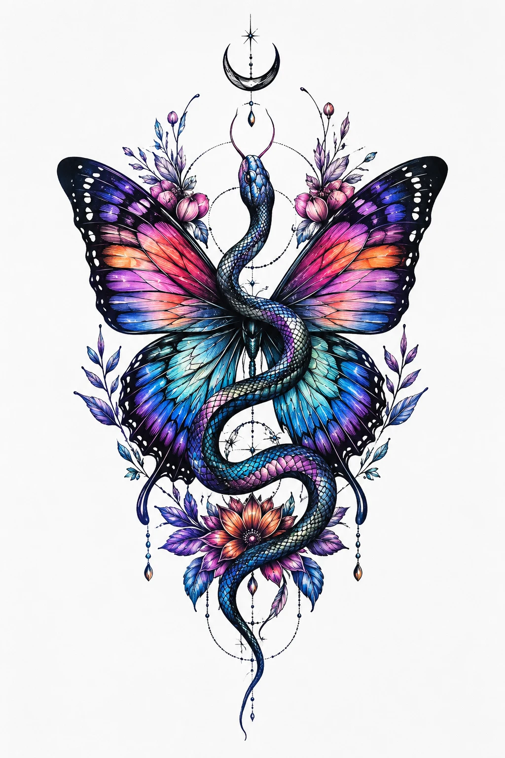 Colorful Snake Butterfly Tattoo — snake butterfly tattoo style outfit