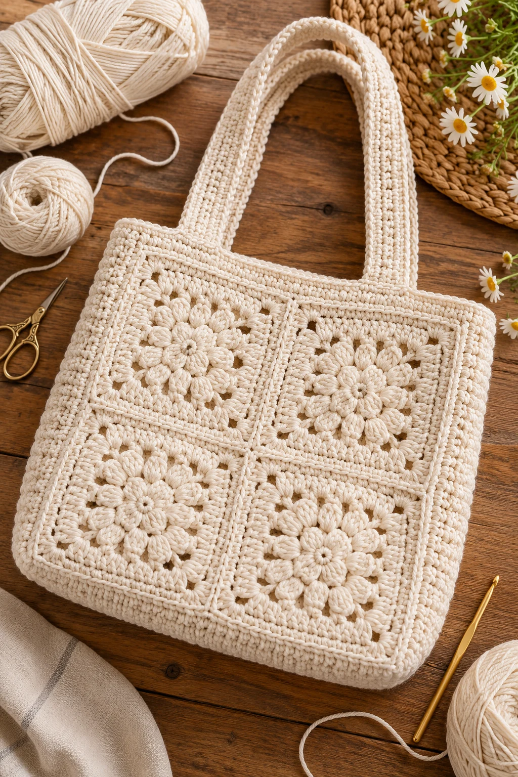 Classic Cream Market Tote — square crochet bag style outfit
