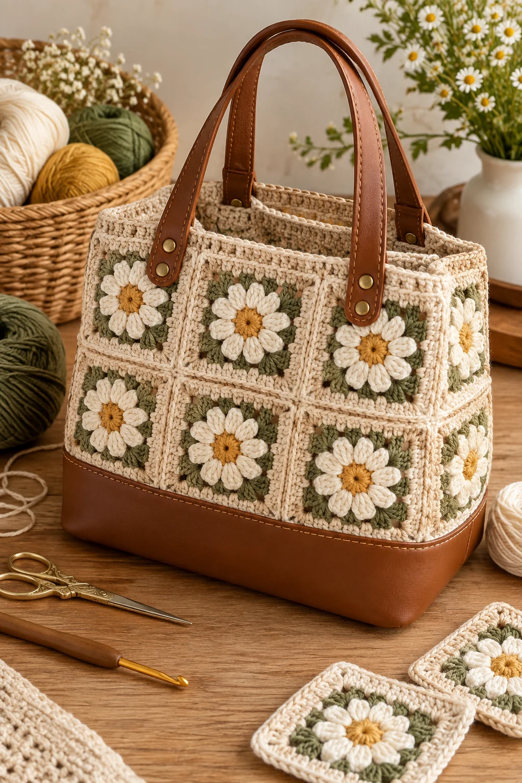 Structured Leather-Base Style — square crochet bag style outfit
