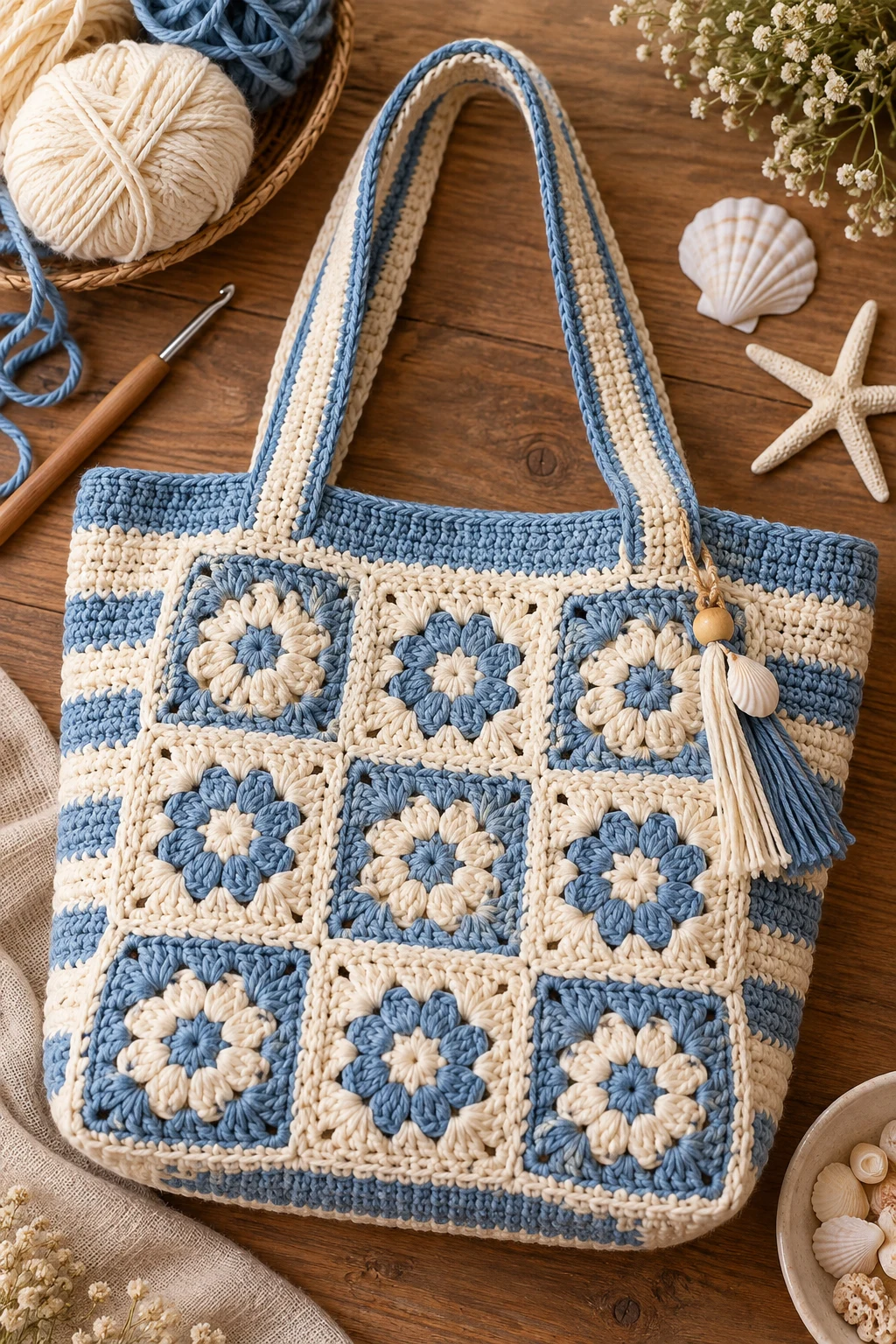 Coastal Blue-and-Cream Tote — square crochet bag style outfit