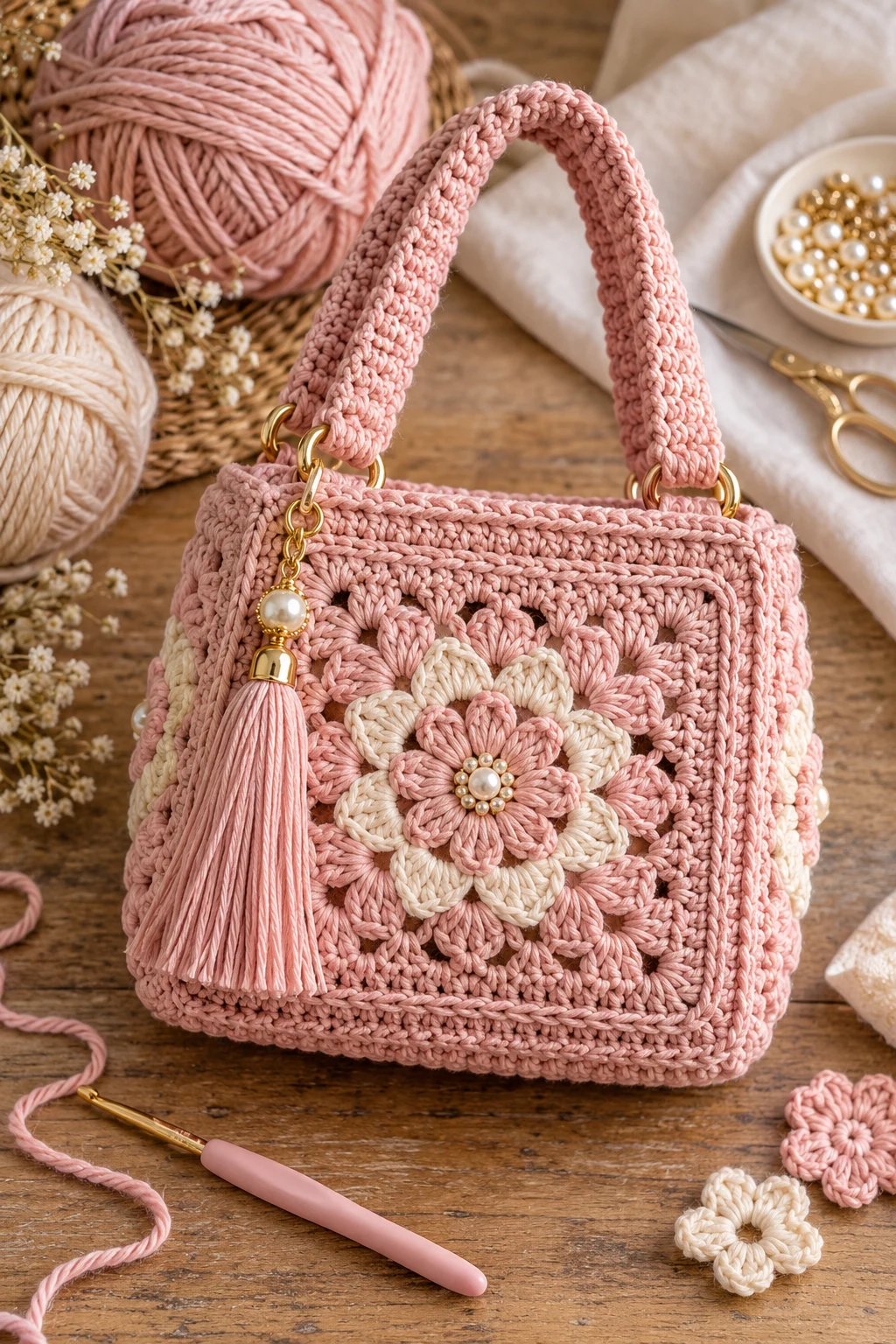 Soft Pink Evening Bag — square crochet bag style outfit