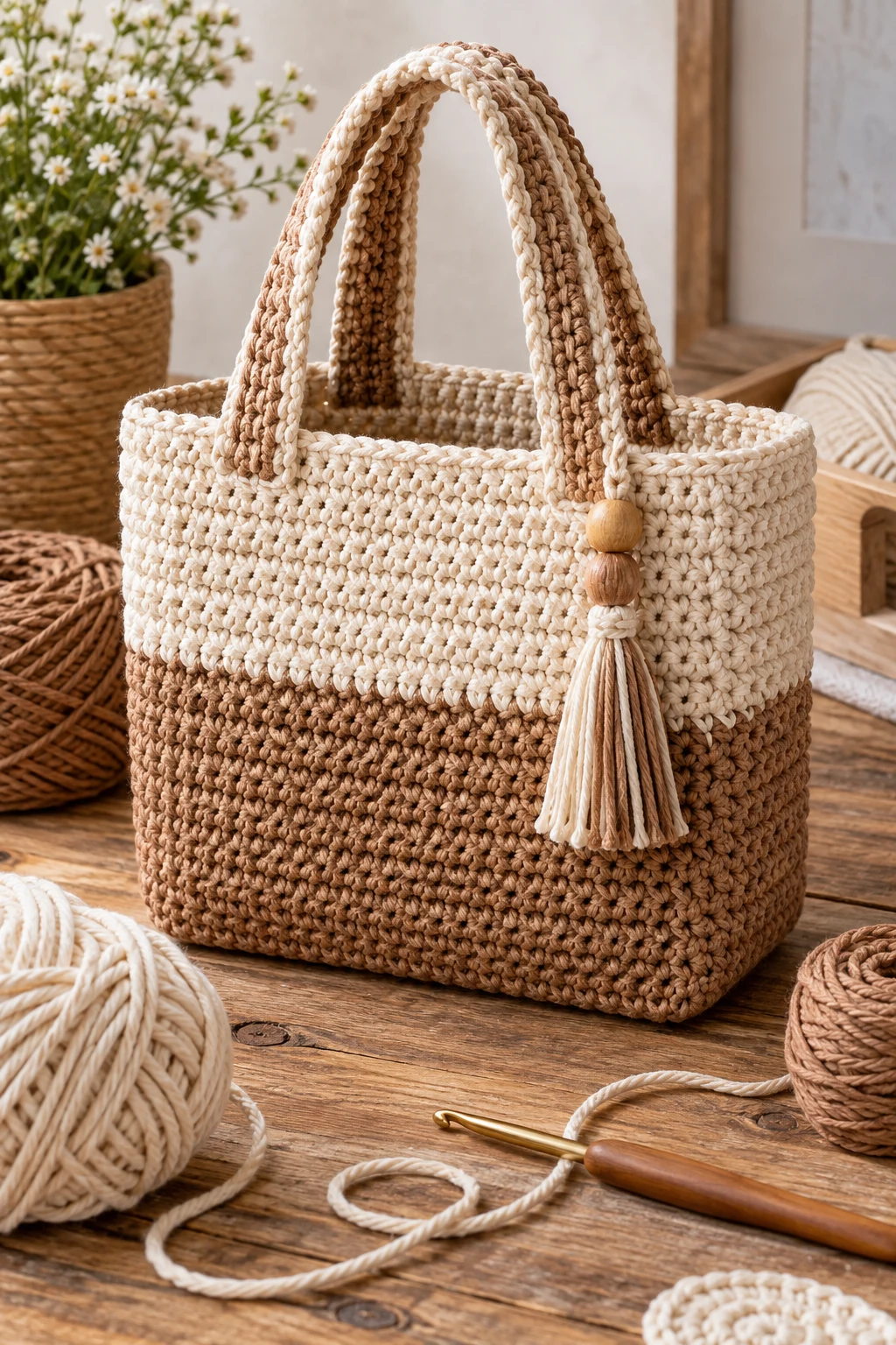 Two-Tone Everyday Basket Bag — square crochet bag style outfit