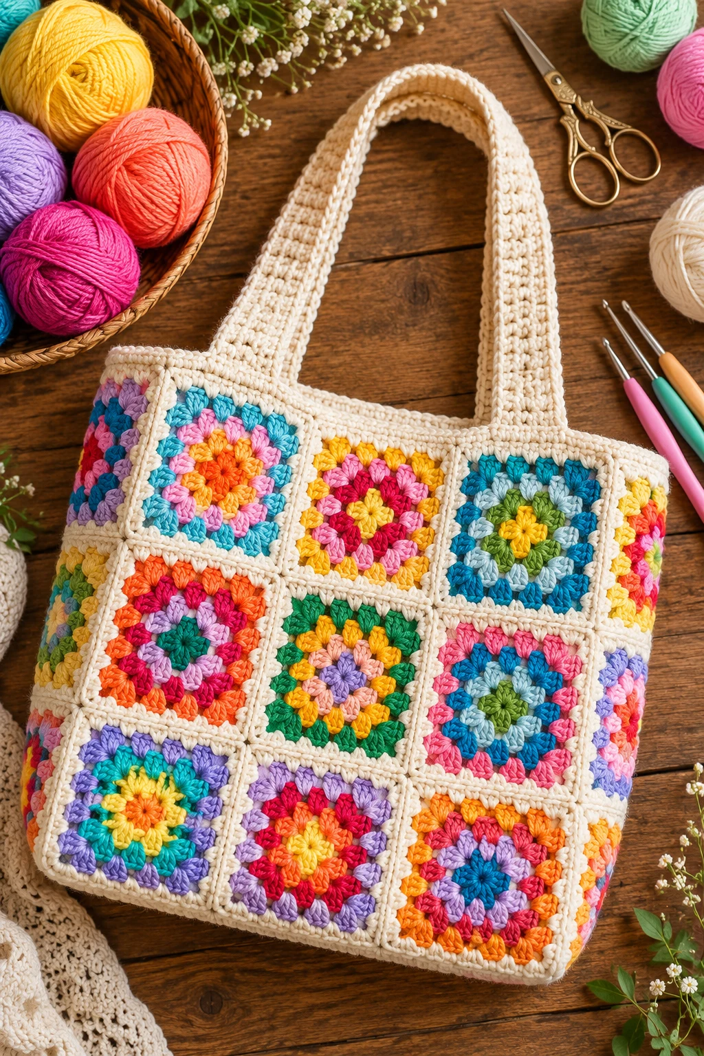 Rainbow Granny-Square Shopper — square crochet bag style outfit