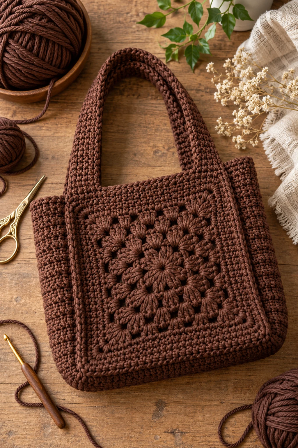 Minimalist Chocolate-Brown Bag — square crochet bag style outfit