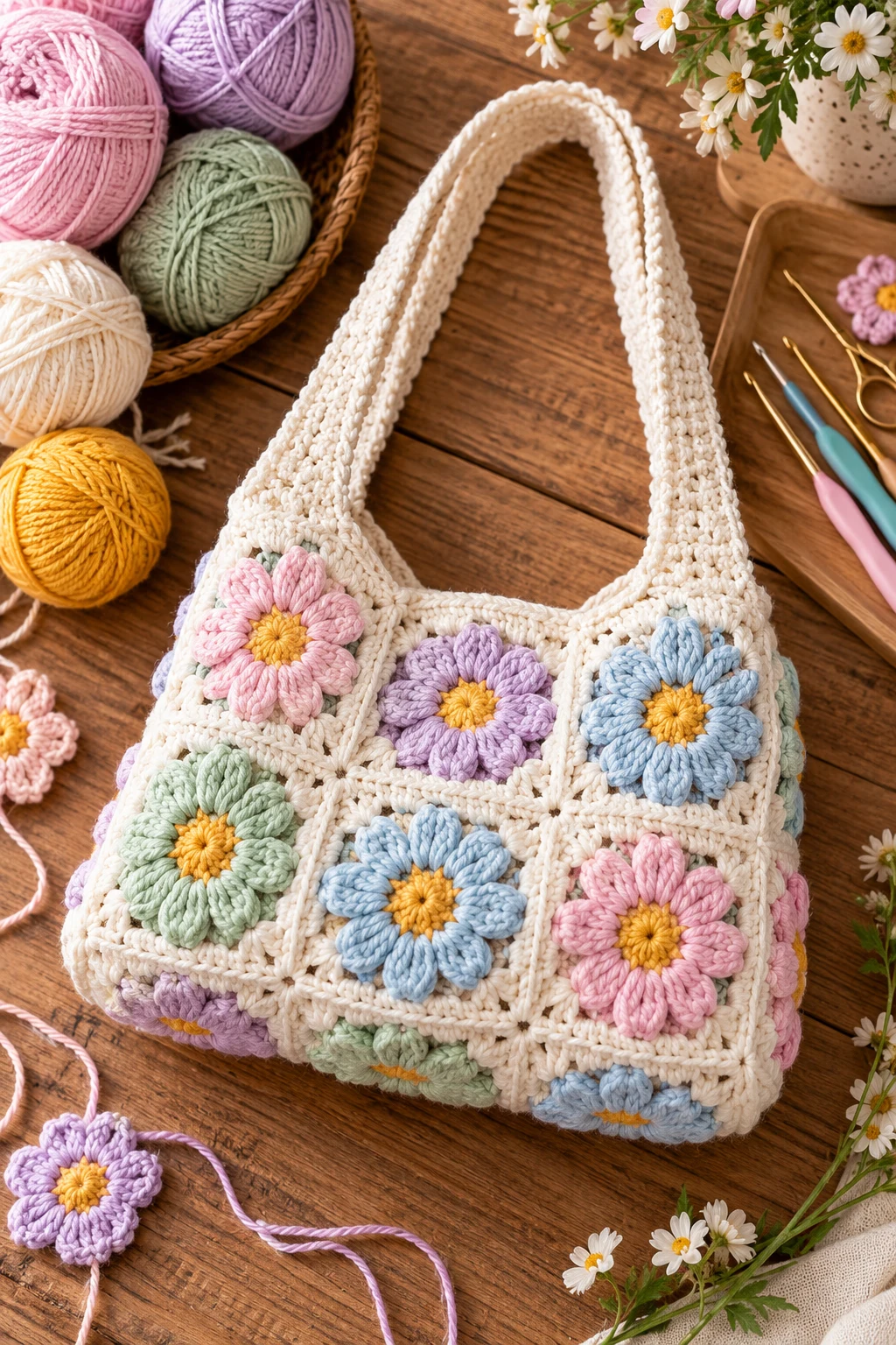 Pastel Flower Power Purse — square crochet bag style outfit