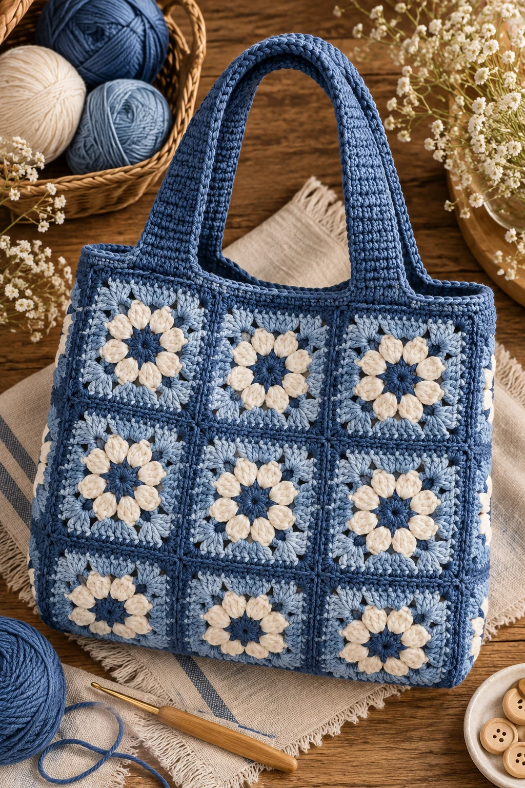 Denim-Blue Everyday Carryall — square crochet bag style outfit