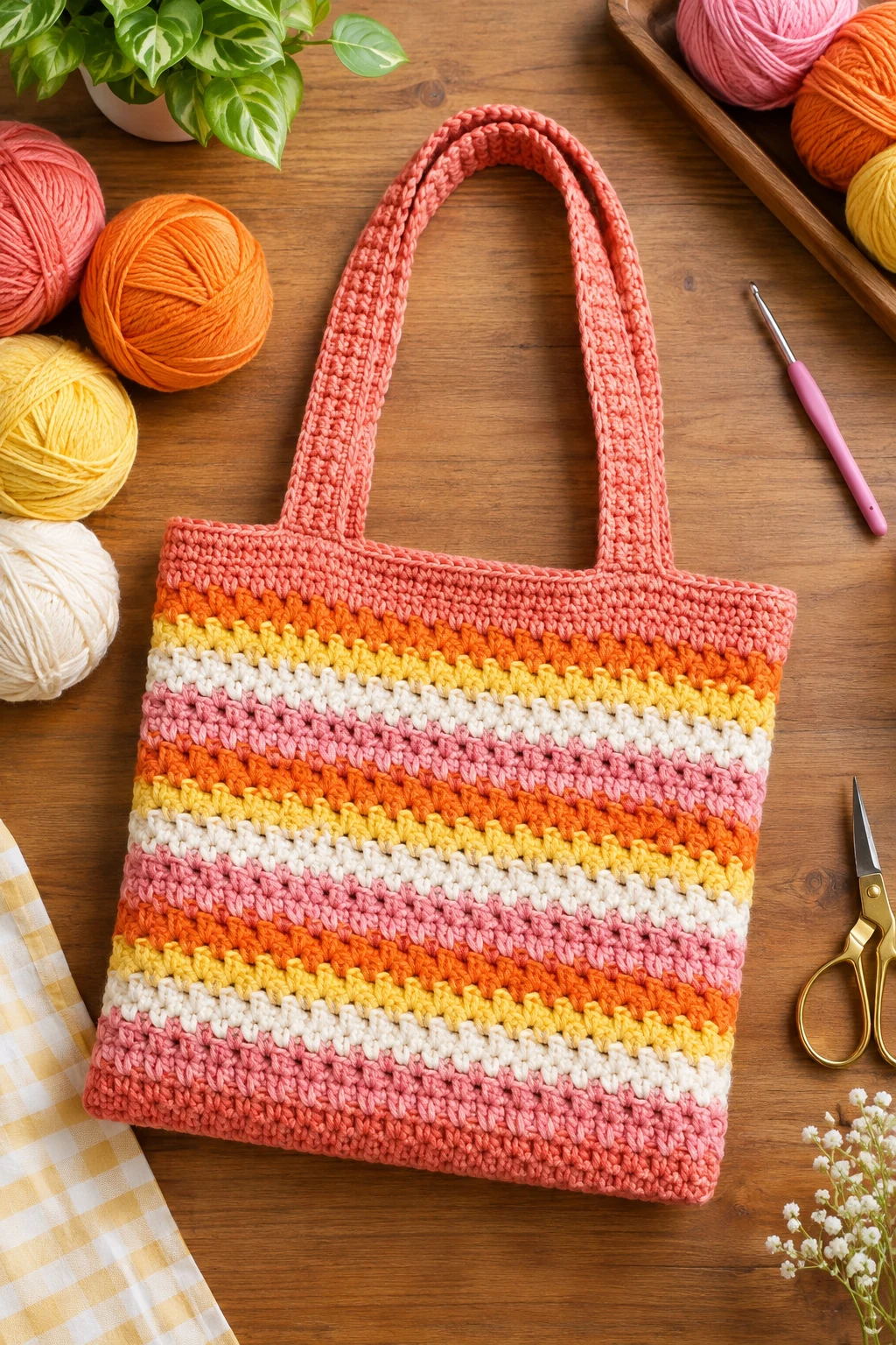 Striped Sunset Tote — square crochet bag style outfit