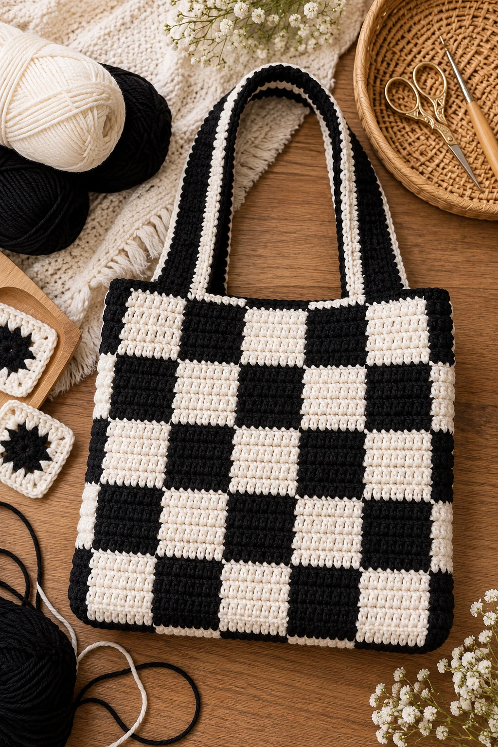 Black-and-White Checkerboard Bag — square crochet bag style outfit