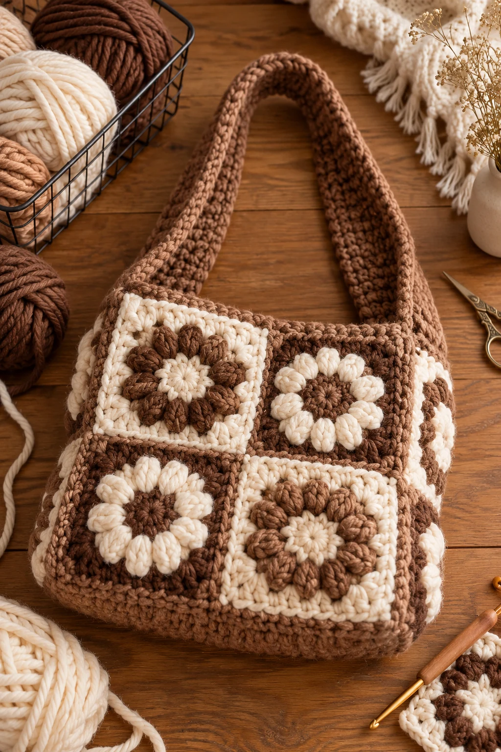 Chunky Winter Shoulder Bag — square crochet bag style outfit
