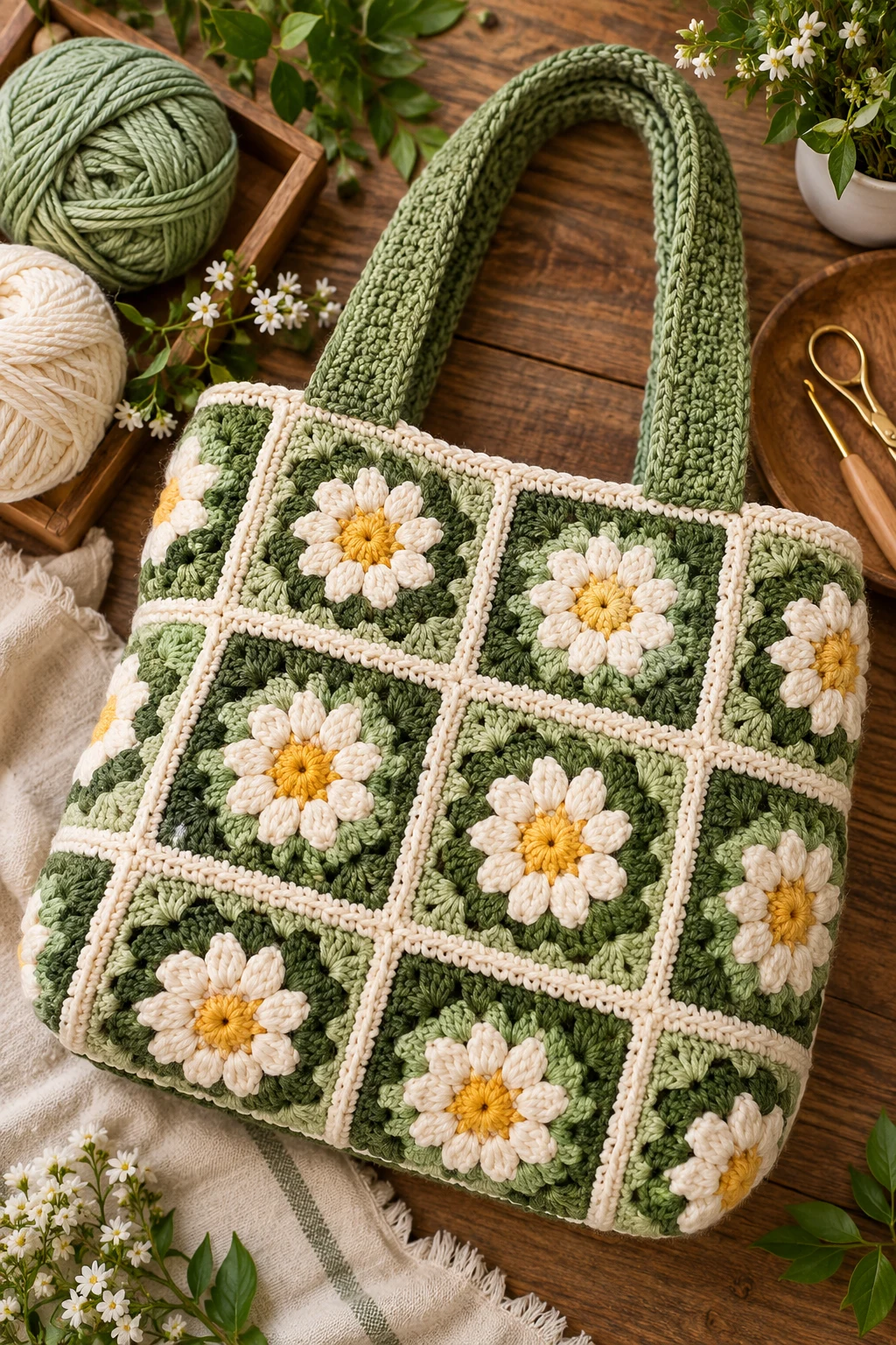 Botanical Green Granny Bag — square crochet bag style outfit