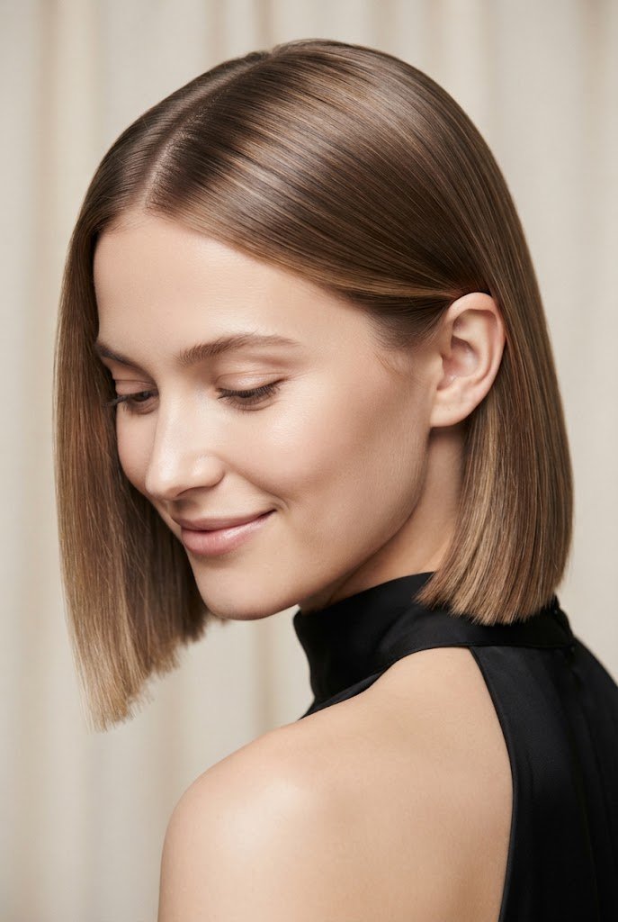 The Glass-Finish Razor Bob — Straightened hairstyles for short hair style outfit