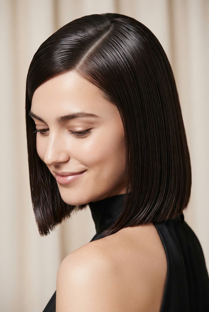 The Wet-Look Gloss Straight Bob — Straightened hairstyles for short hair style outfit