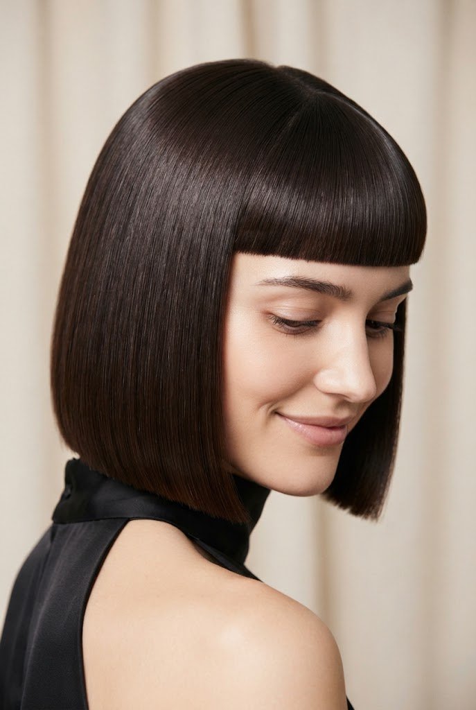 Ultra-Flat Straight Bob with Blunt Fringe — Straightened hairstyles for short hair style outfit