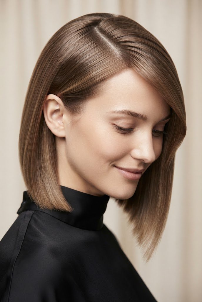 Sleek Side-Swept Asymmetric Bob — Straightened hairstyles for short hair style outfit