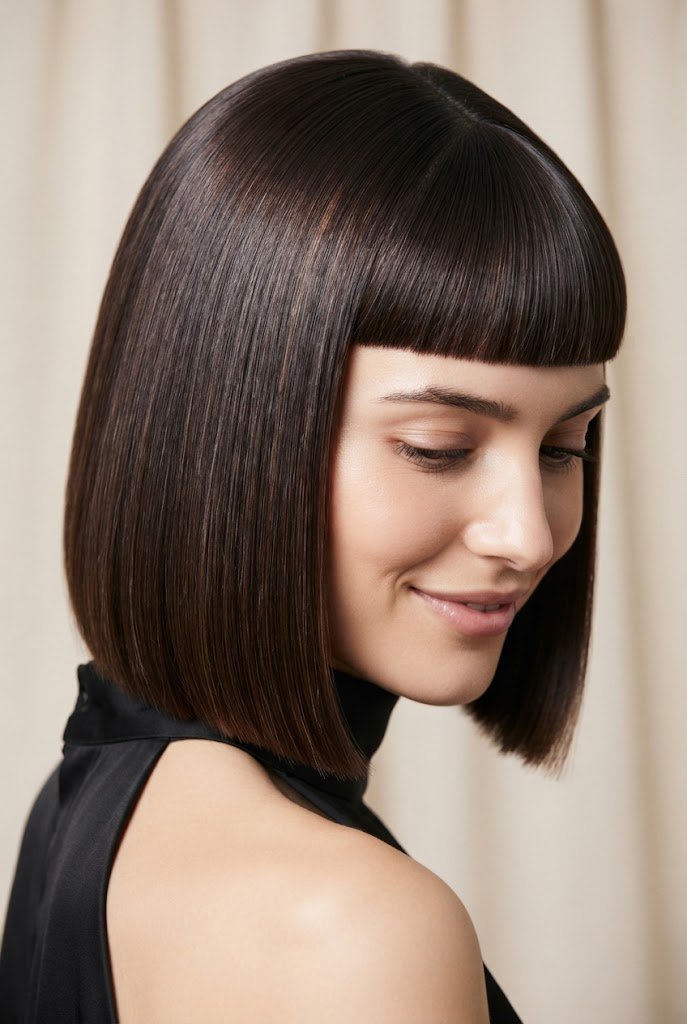 Sleek Straight Bob with Micro Bangs — Straightened hairstyles for short hair style outfit