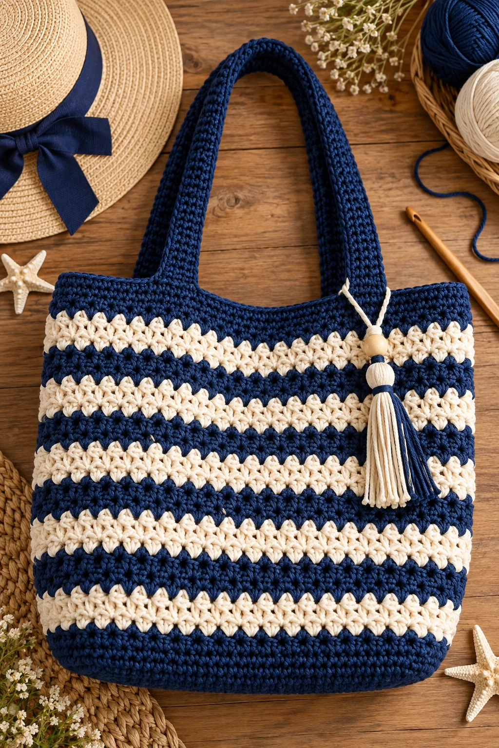 Nautical Navy-and-Cream Tote — summer bag crochet style outfit