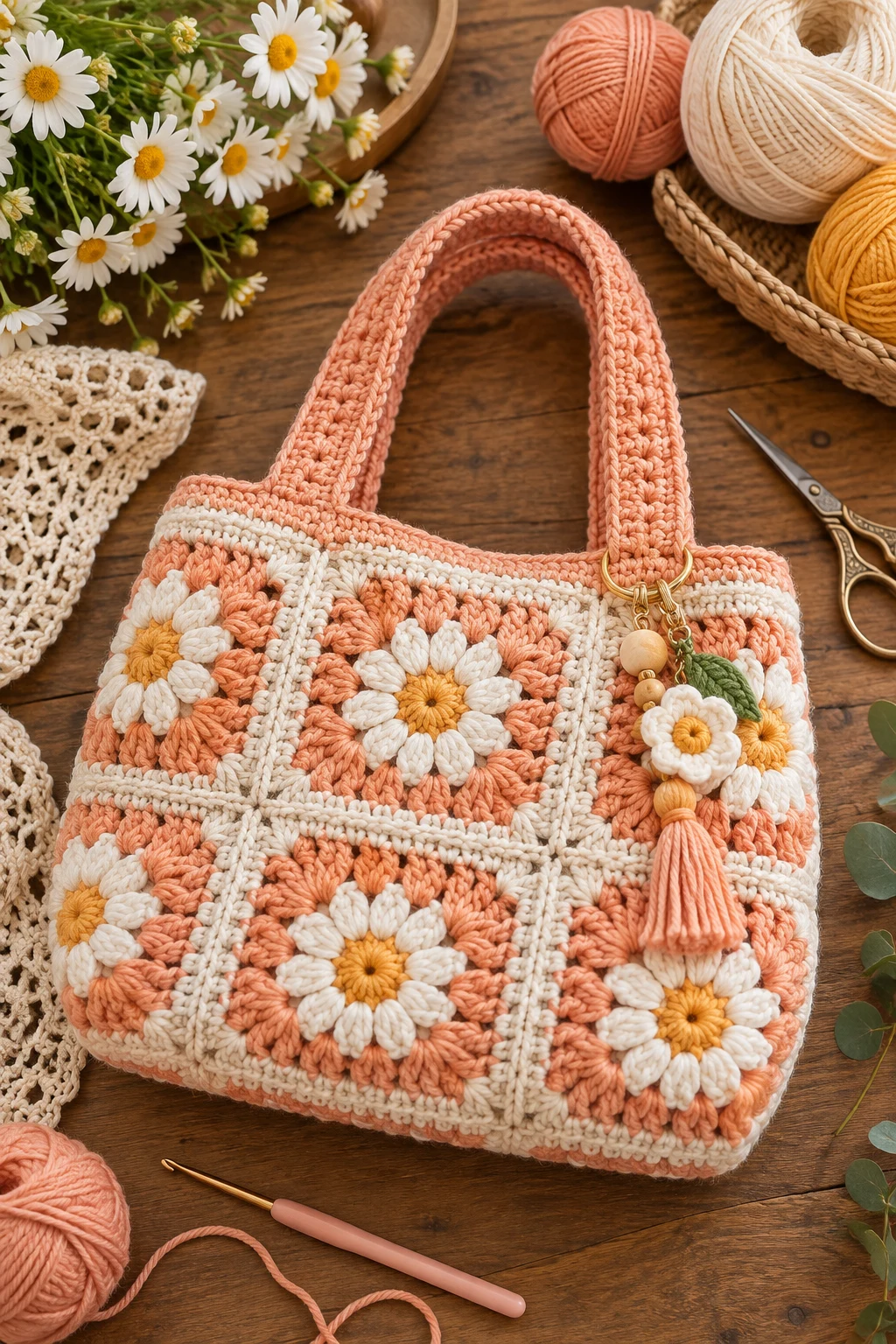 Peach Granny Square Charm Bag — summer bag crochet style outfit