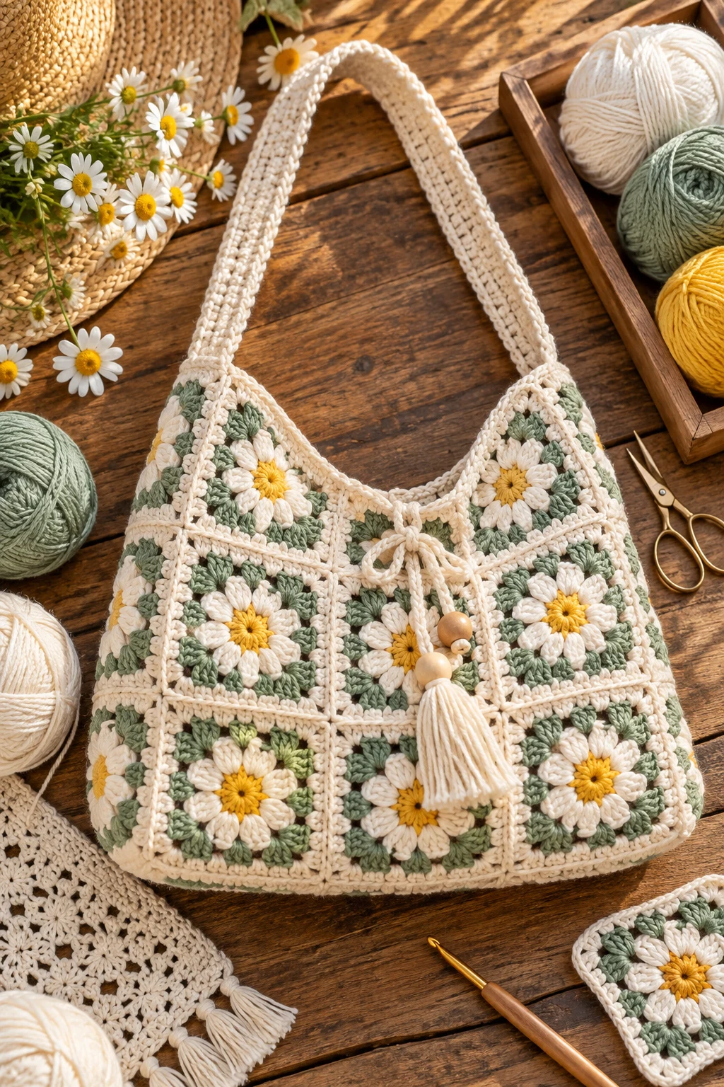 Crochet Granny Square Shoulder Bag — summer bag crochet style outfit