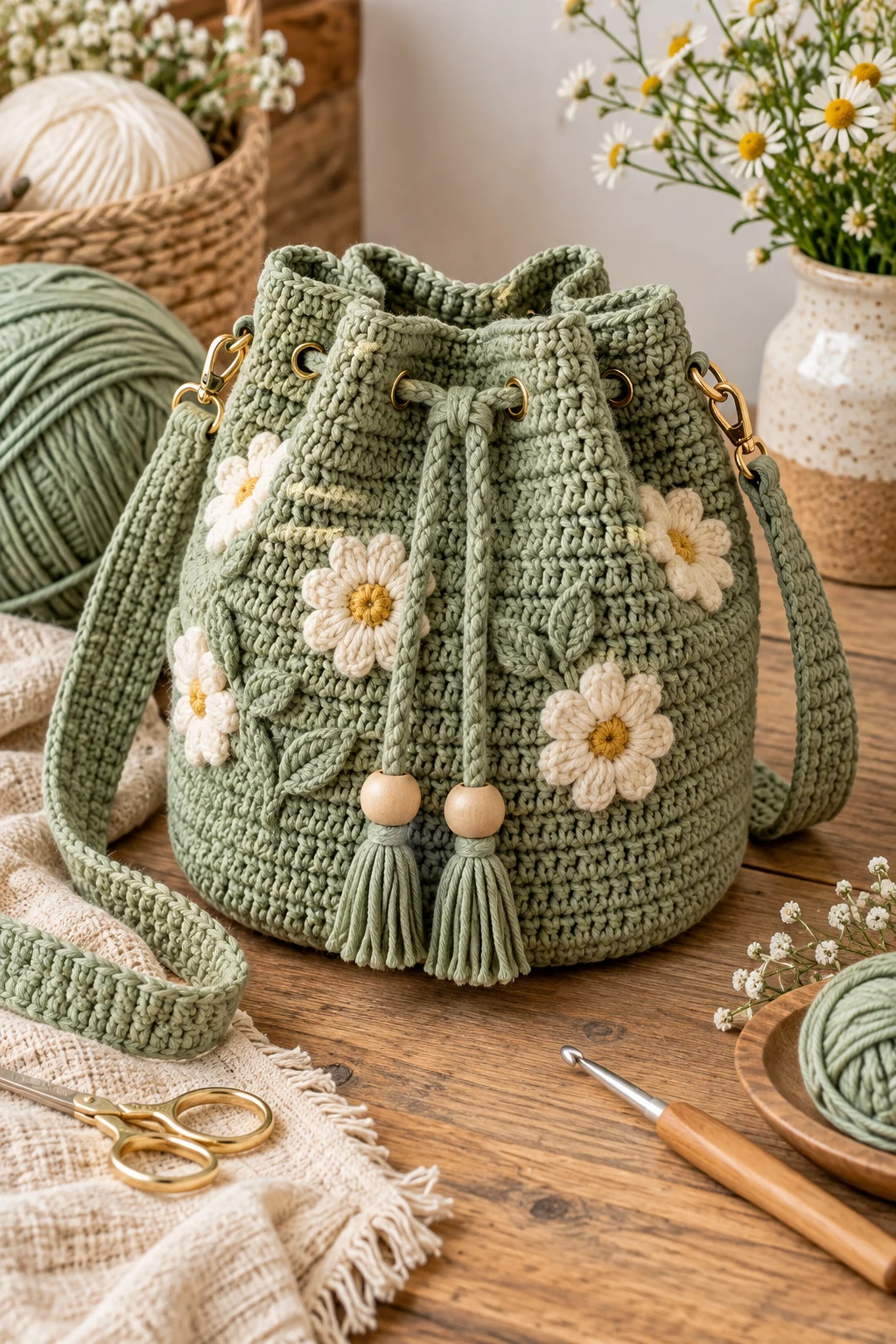Sage Green Drawstring Bucket Bag — summer bag crochet style outfit