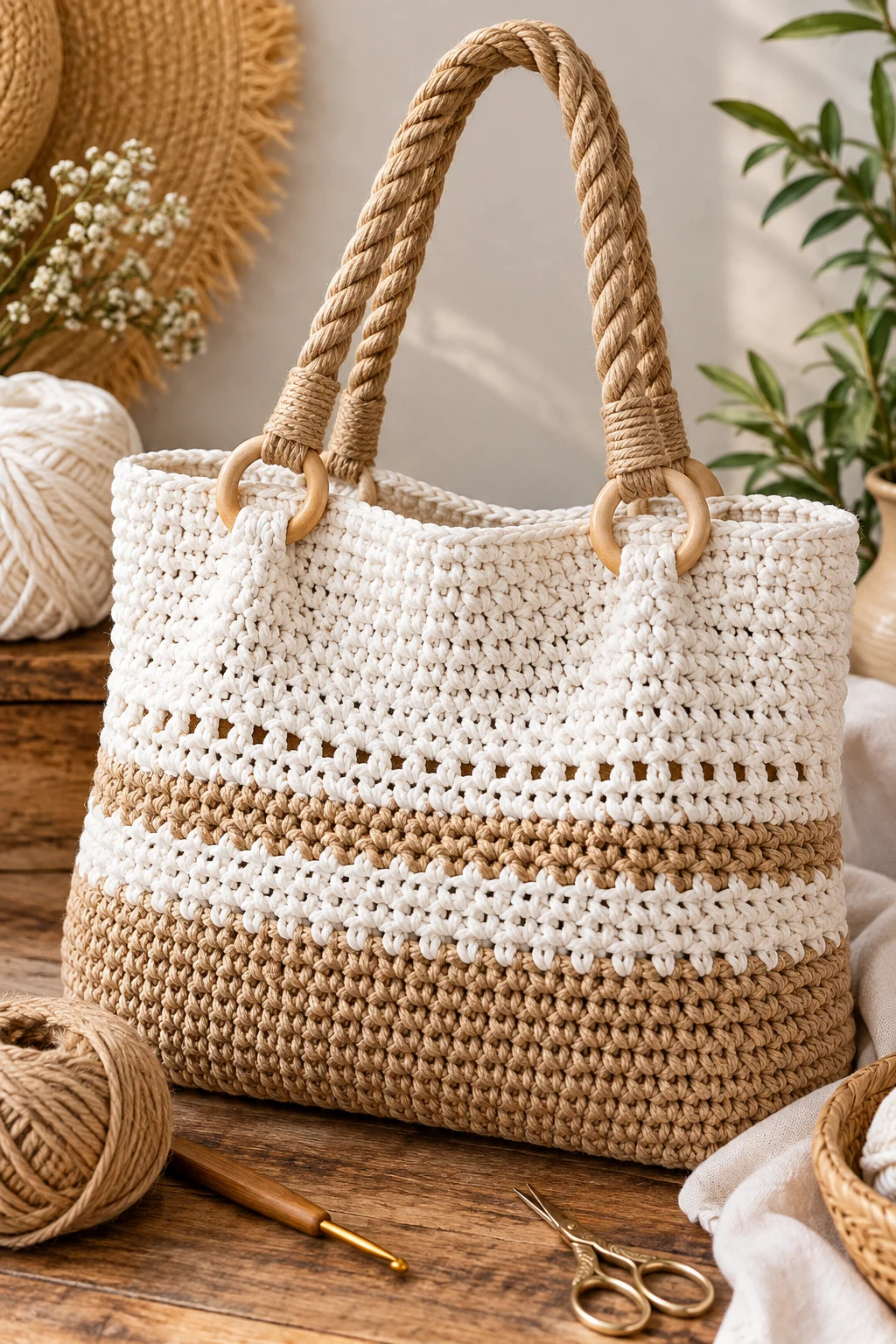 White-and-Tan Rope Handle Tote — summer bag crochet style outfit