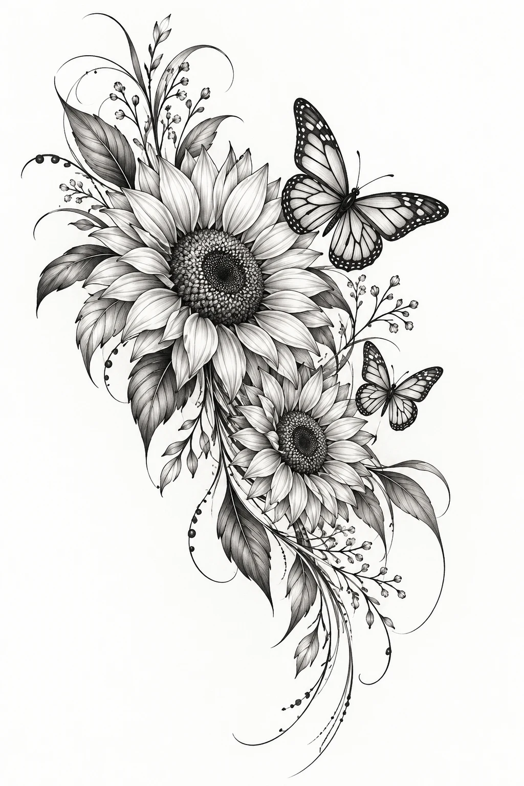 elegant Fine-Line Shoulder Piece — sunflower and butterfly tattoo style outfit