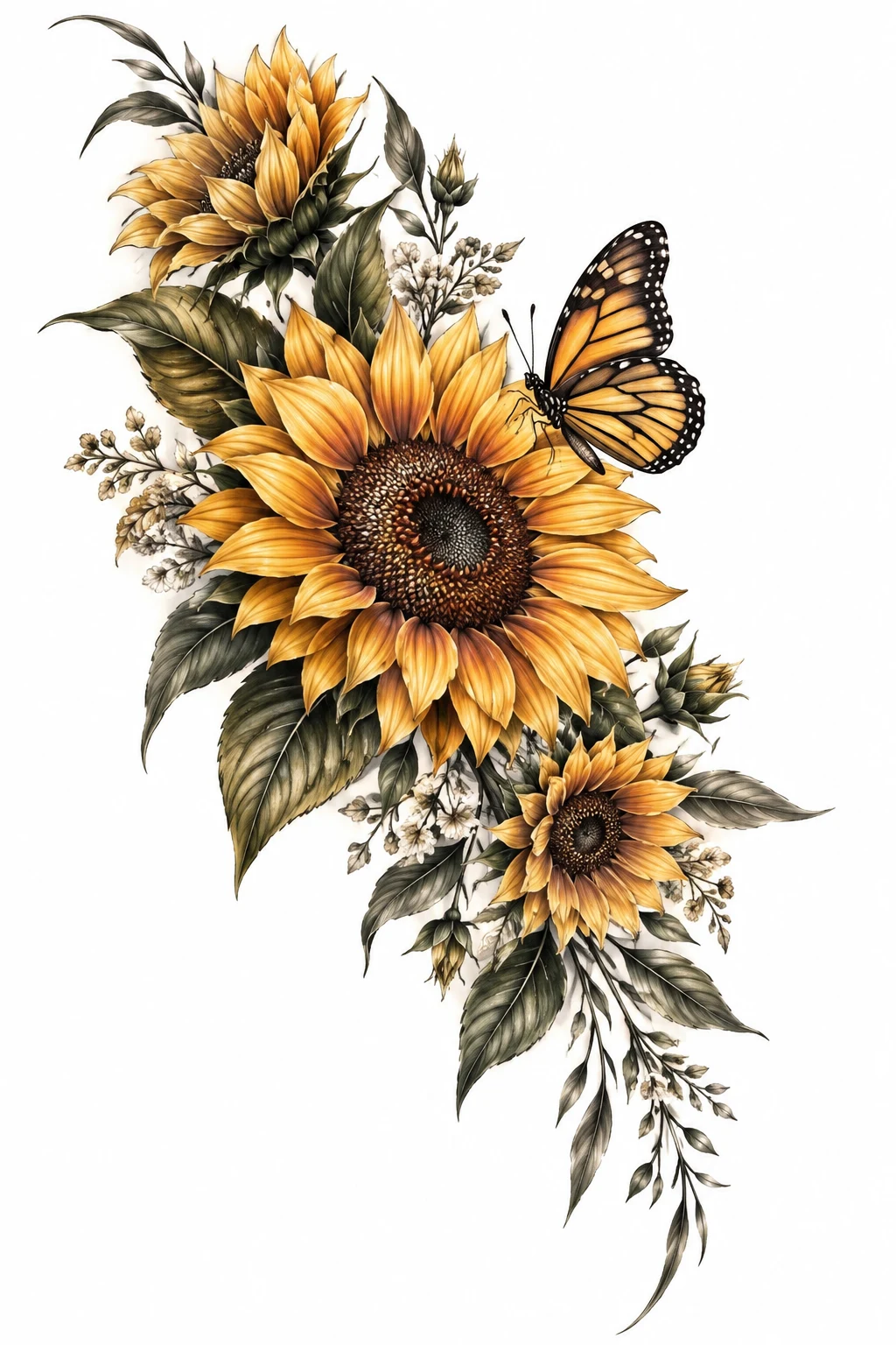 elegant Shoulder Bouquet — sunflower and butterfly tattoo style outfit