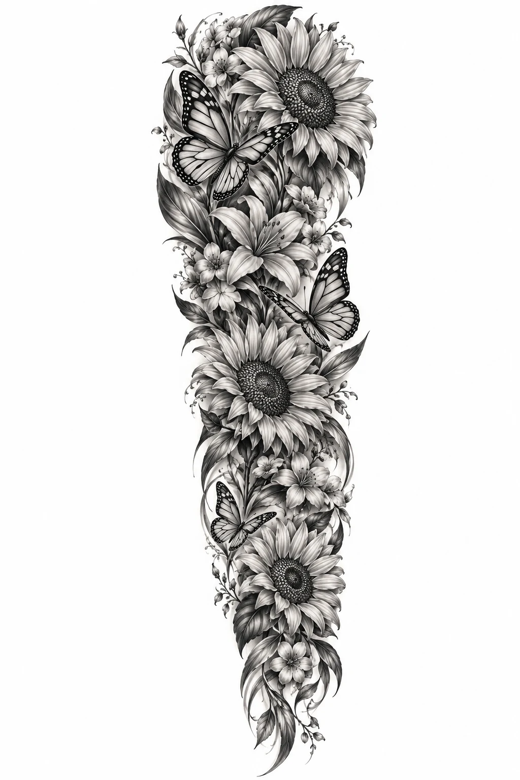 Full Botanical Sleeve Story — sunflower and butterfly tattoo style outfit