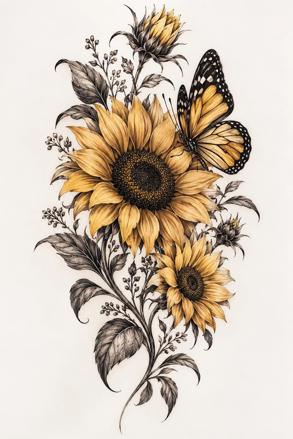 Vintage Botanical Butterfly Tattoo — sunflower and butterfly tattoo style outfit