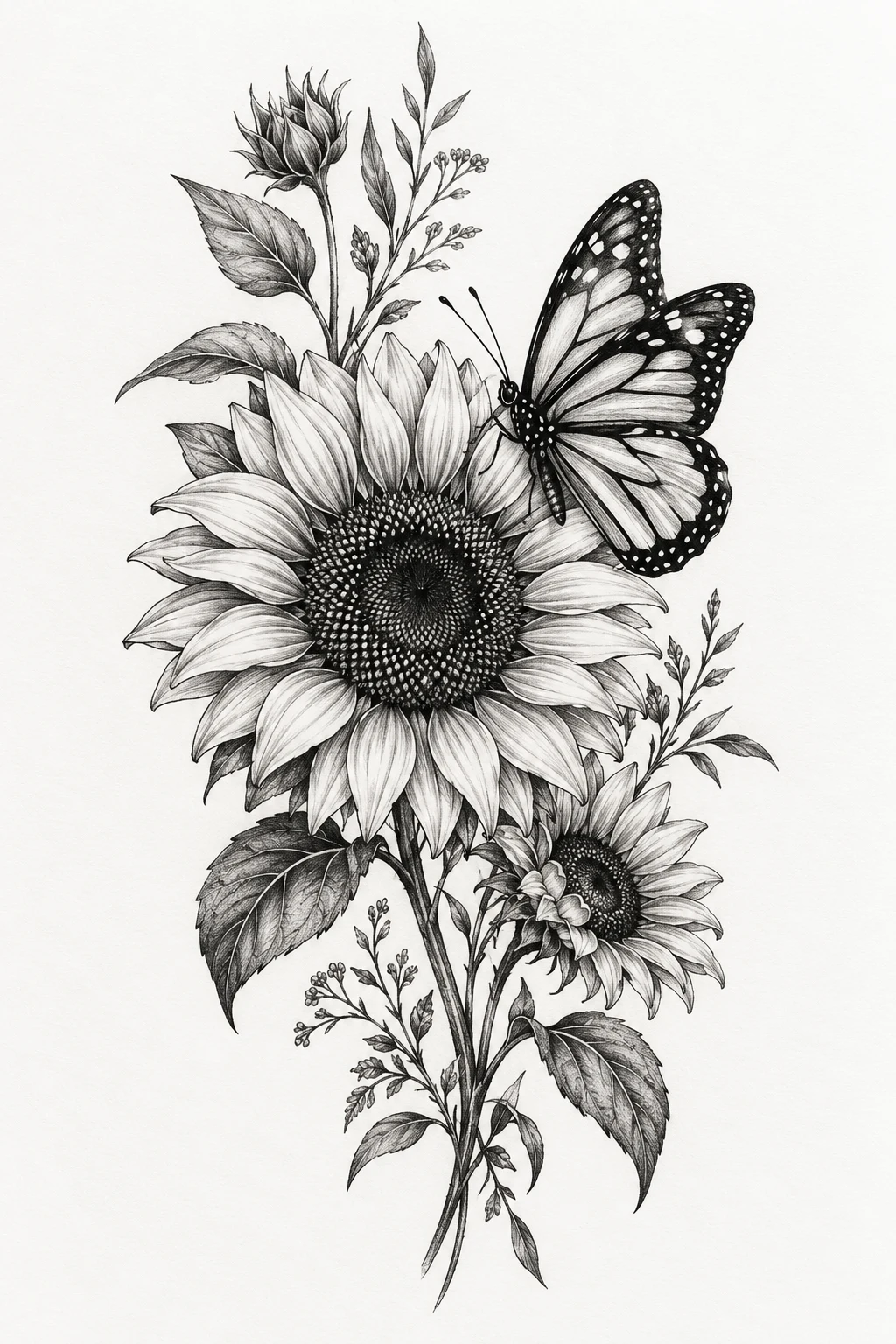 Black-and-White Botanical Sketch — sunflower and butterfly tattoo style outfit