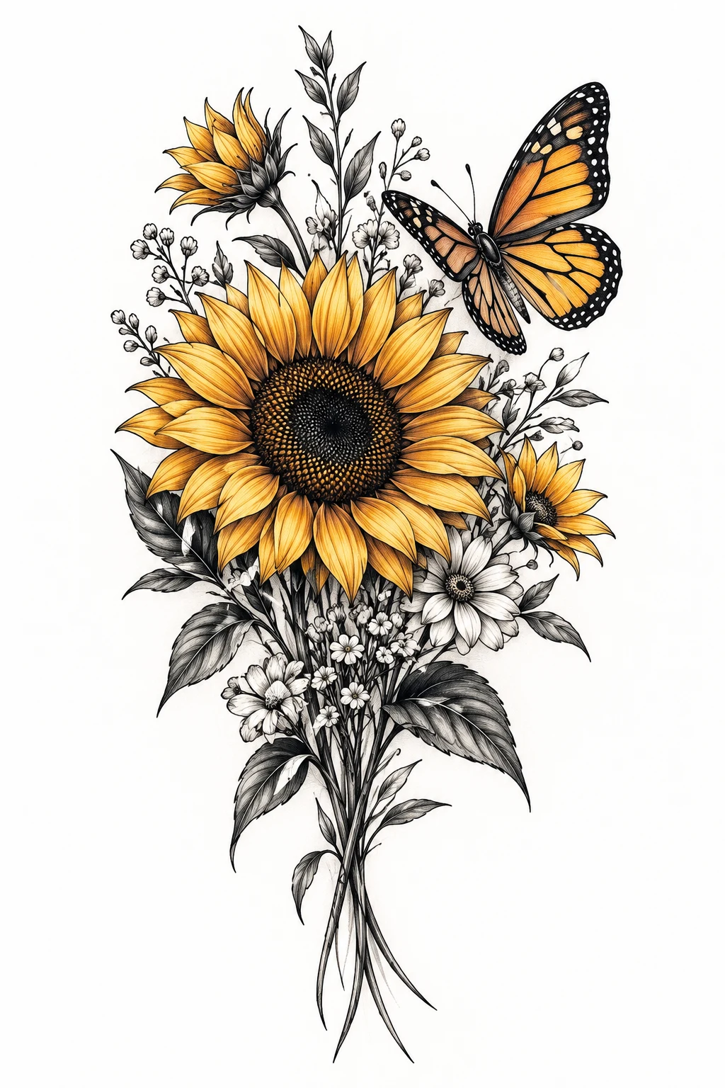Meaningful Birth-Month Bouquet — sunflower and butterfly tattoo style outfit
