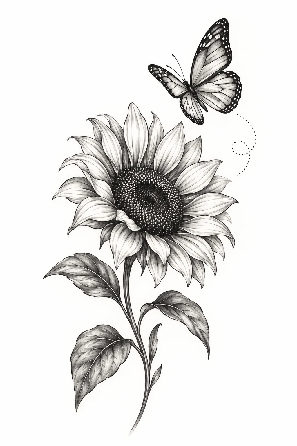Sunflower Outline With Floating Butterfly — sunflower and butterfly tattoo style outfit