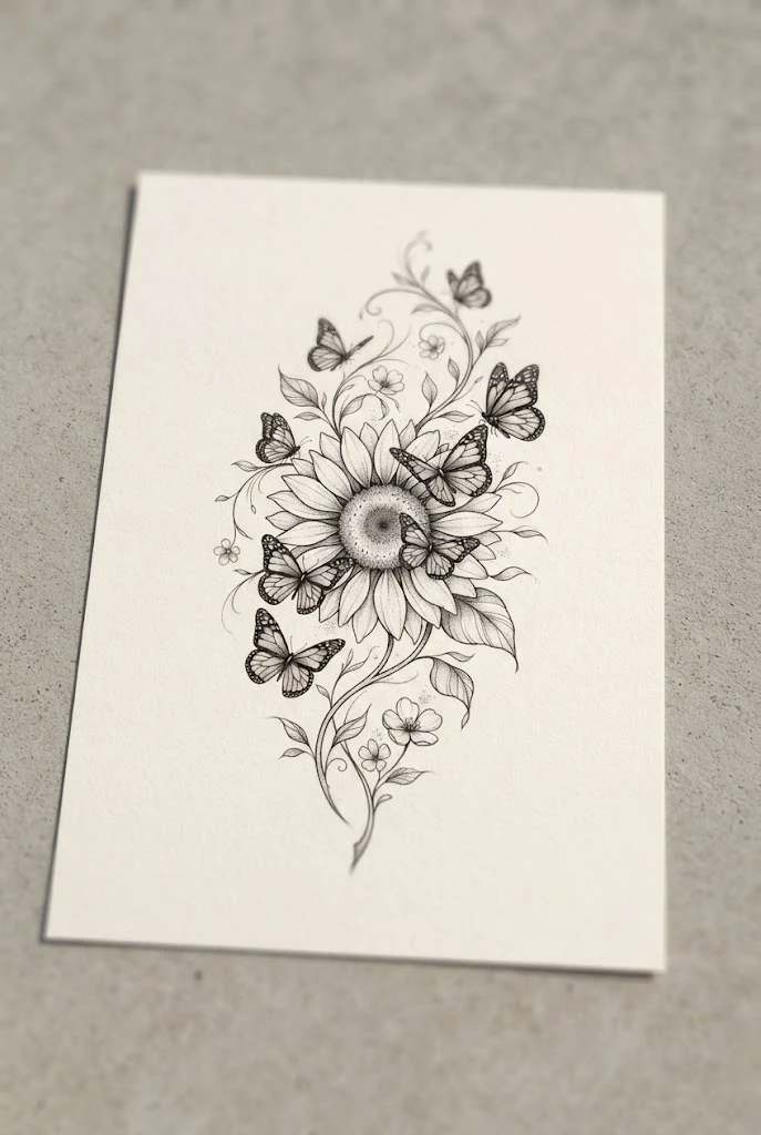 Golden Horizon Radiance — sunflower butterfly tattoo style outfit