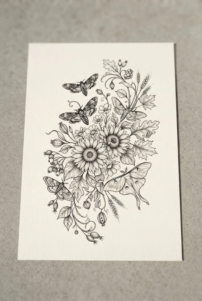 Moody Autumnal Harvest Suite — sunflower butterfly tattoo style outfit