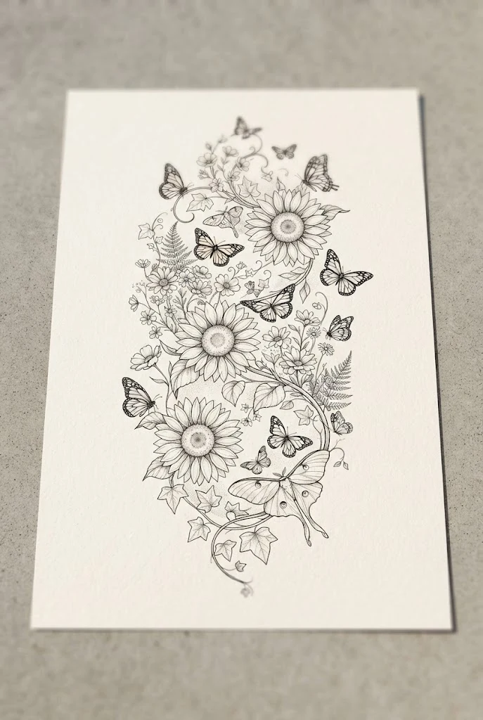 Ethereal Fine-Line Botanical Stencil — sunflower butterfly tattoo style outfit